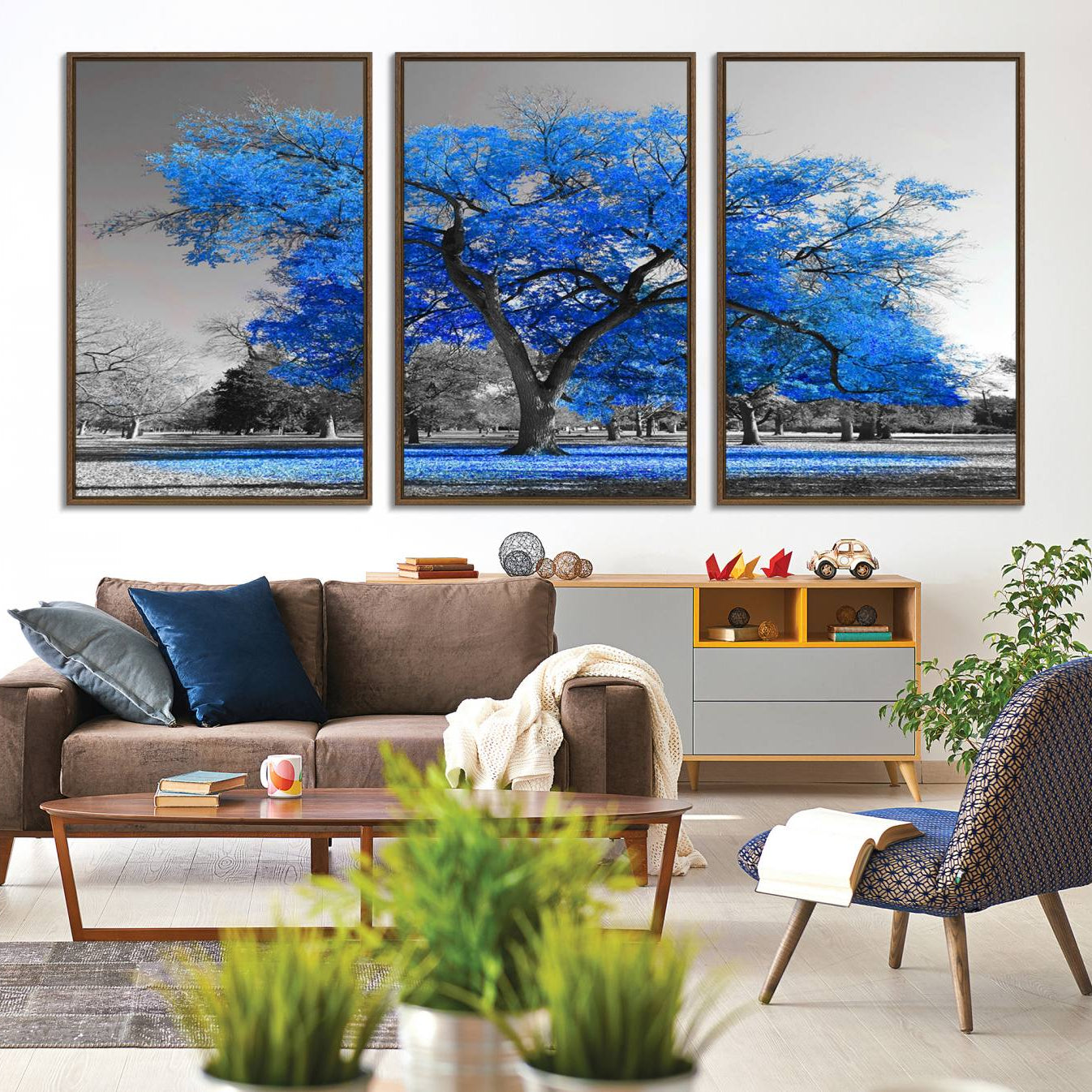 -Vibrant Blue Tree Canvas Art – Triptych Nature Print – Color Pop Decor for Living Room or Office –
