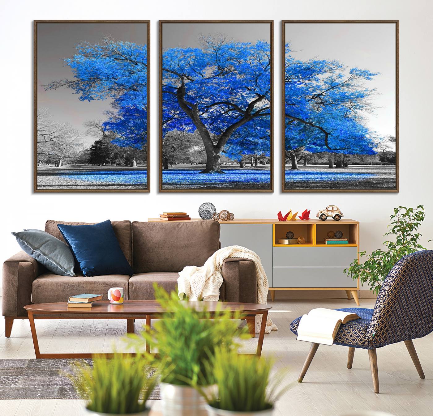 70954-MGV-CV-36X24-Vibrant Blue Tree Canvas Art – Triptych Nature Print – Color Pop Decor for Living Room or Office –