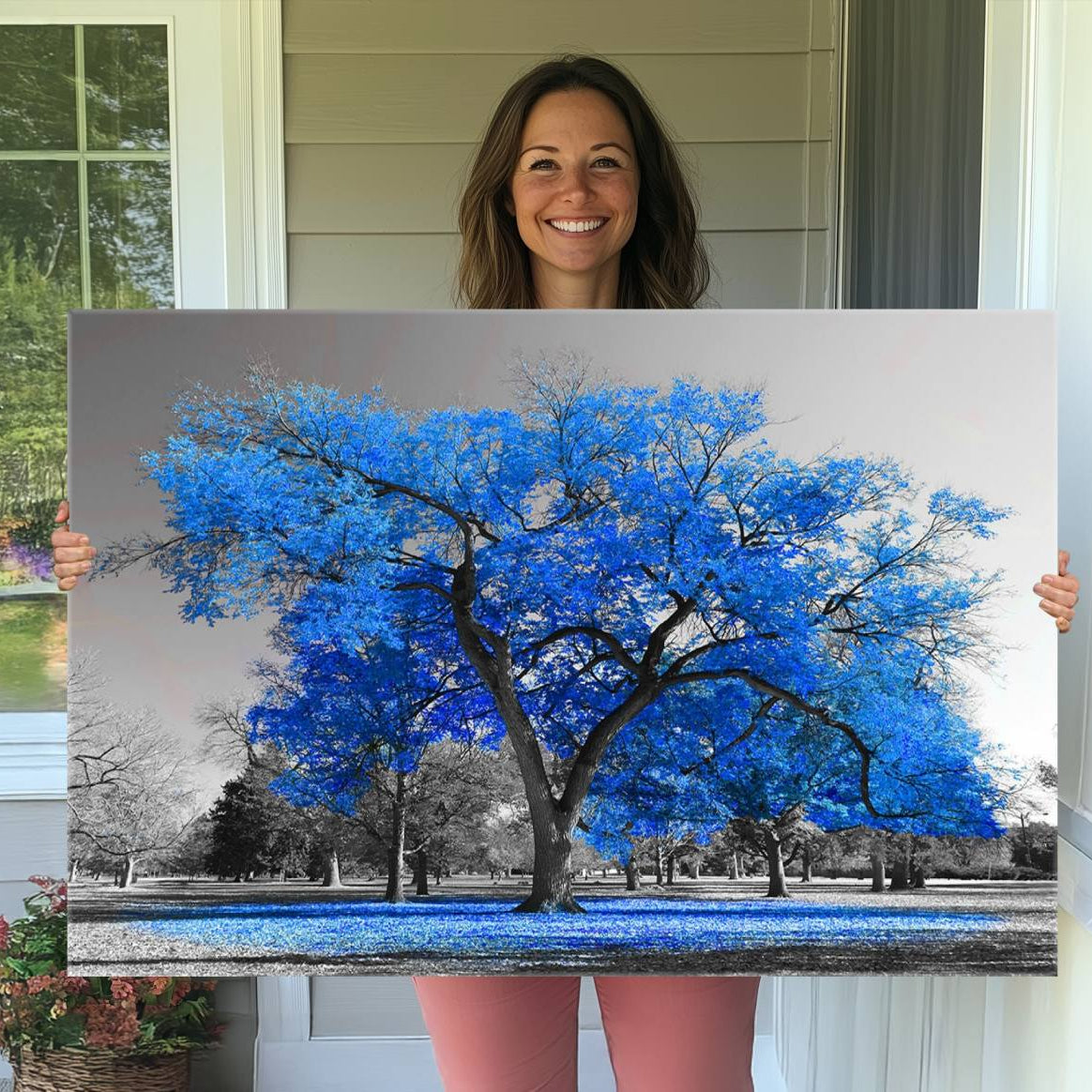 -Vibrant Blue Tree Canvas Art – Triptych Nature Print – Color Pop Decor for Living Room or Office –