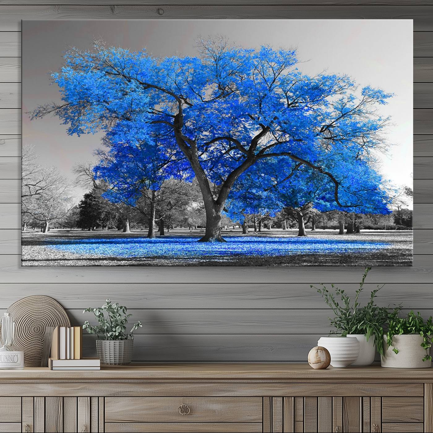 70954-MGV-CV-36X24-Vibrant Blue Tree Canvas Art – Triptych Nature Print – Color Pop Decor for Living Room or Office –