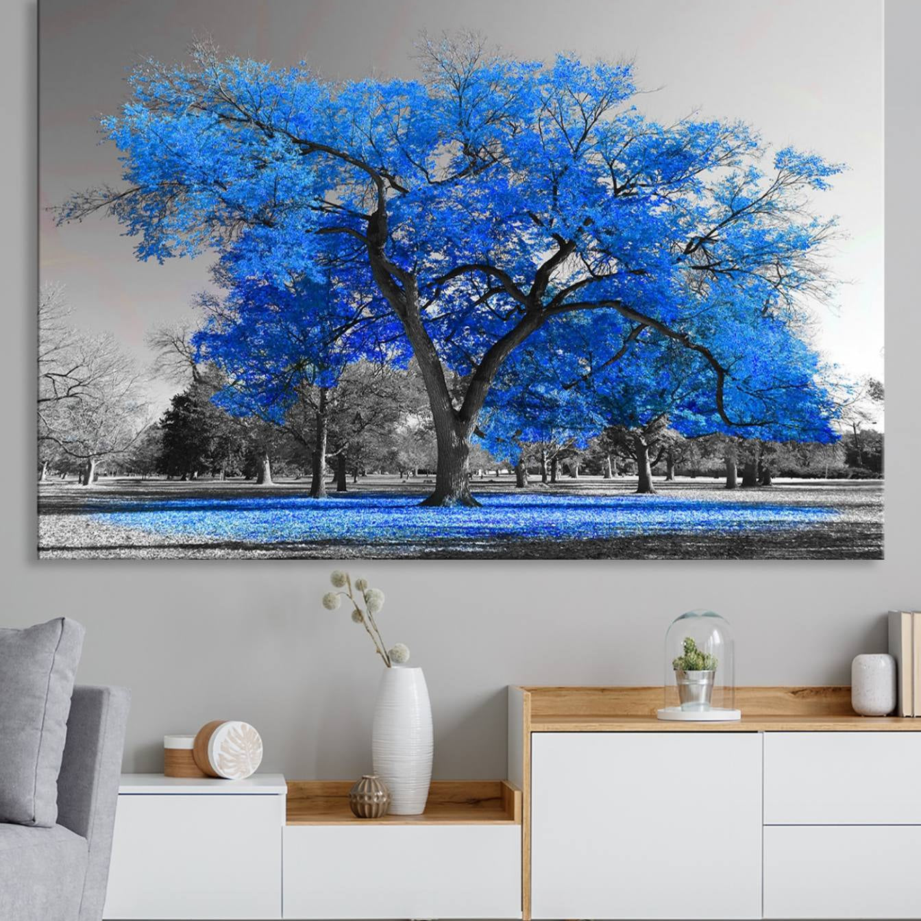 -Vibrant Blue Tree Canvas Art – Triptych Nature Print – Color Pop Decor for Living Room or Office –
