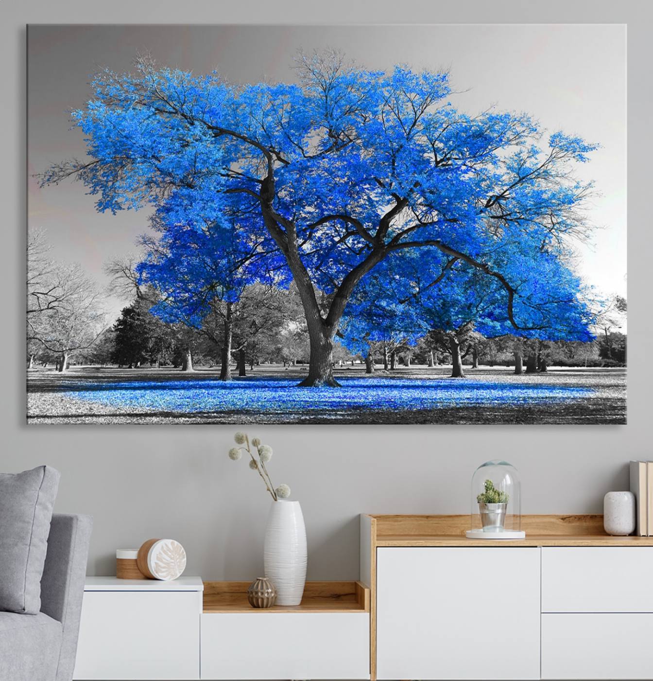 70954-MGV-CV-36X24-Vibrant Blue Tree Canvas Art – Triptych Nature Print – Color Pop Decor for Living Room or Office –