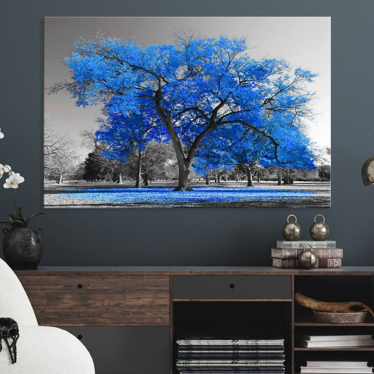-Vibrant Blue Tree Canvas Art – Triptych Nature Print – Color Pop Decor for Living Room or Office –