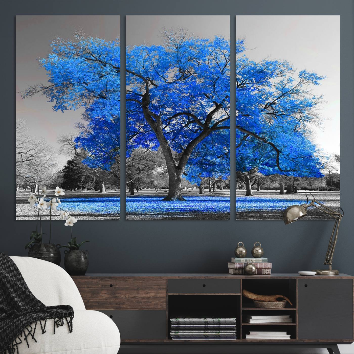 70954-MGV-CV-48X32-3P-Vibrant Blue Tree Canvas Art – Triptych Nature Print – Color Pop Decor for Living Room or Office –