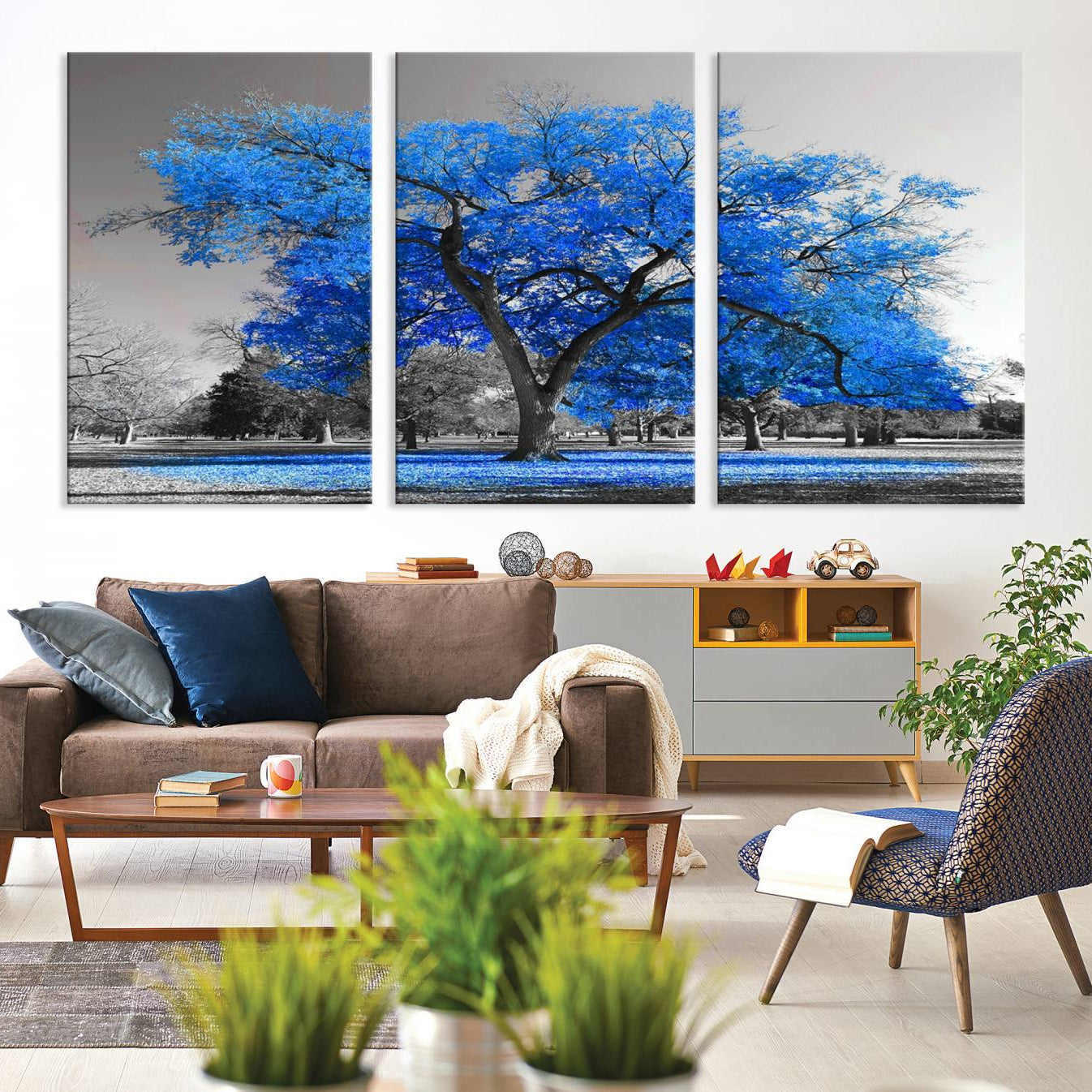 -Vibrant Blue Tree Canvas Art – Triptych Nature Print – Color Pop Decor for Living Room or Office –
