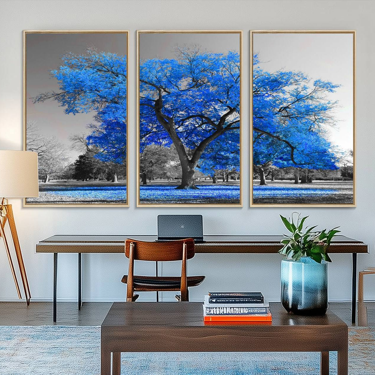 70954-MGV-FC-48X32-3P_Natural-Vibrant Blue Tree Canvas Art – Triptych Nature Print – Color Pop Decor for Living Room or Office –