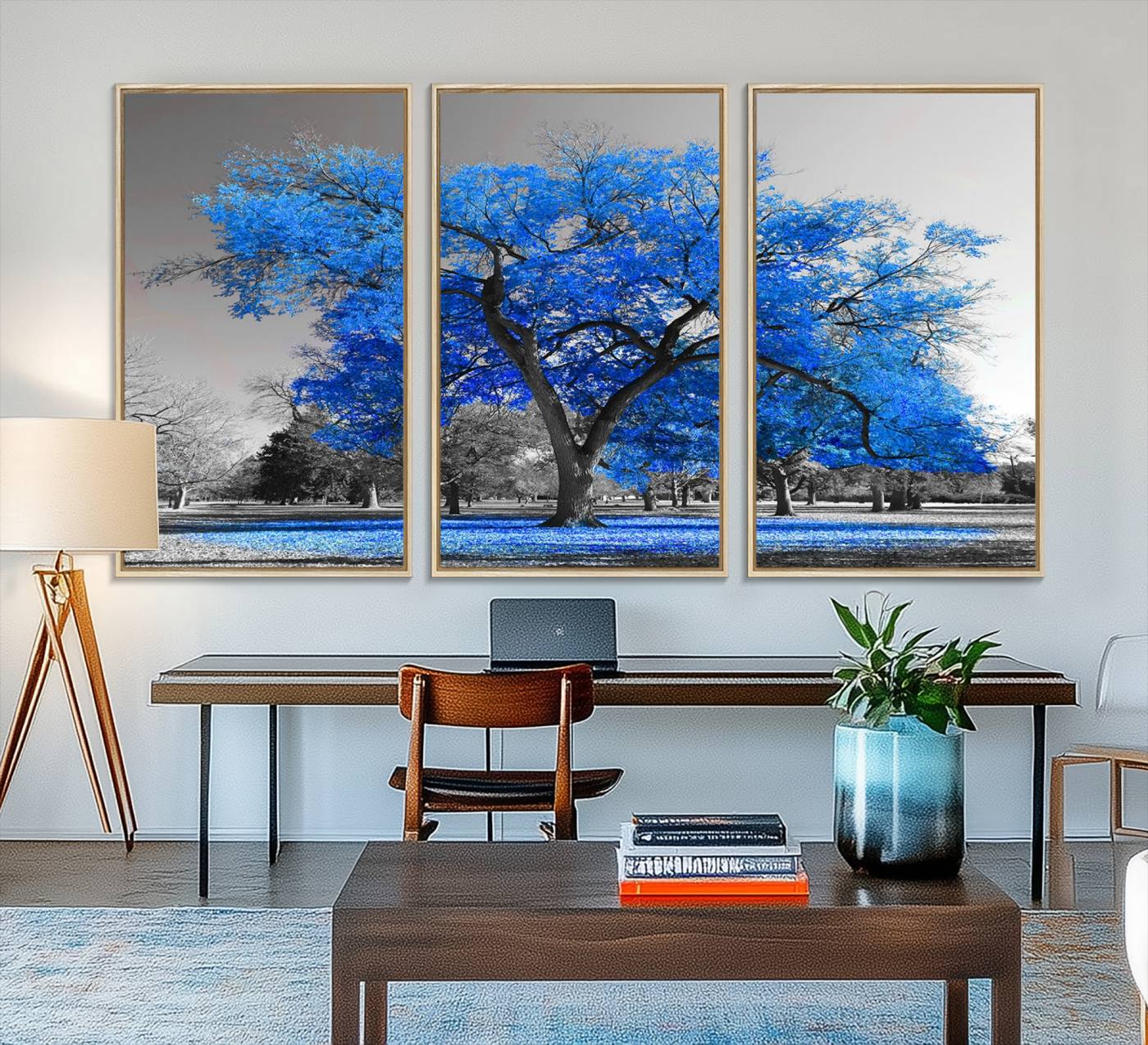 70954-MGV-FC-48X32-3P_Natural-Vibrant Blue Tree Canvas Art – Triptych Nature Print – Color Pop Decor for Living Room or Office –