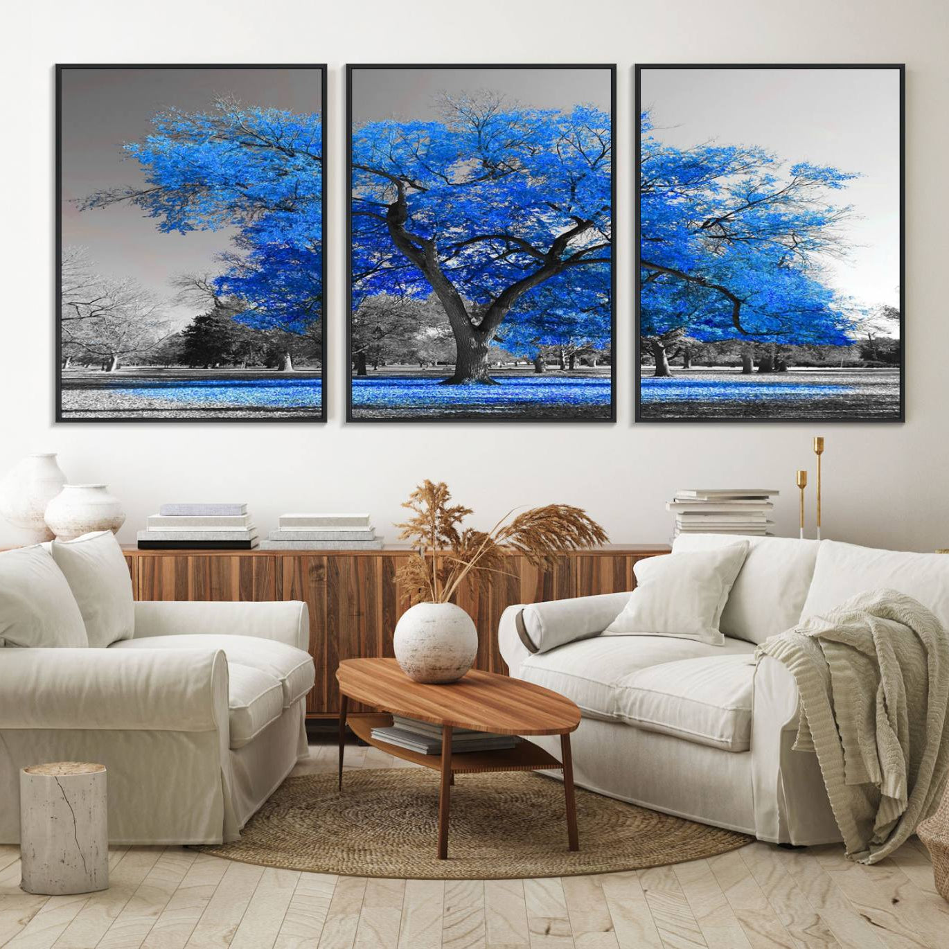 70954-MGV-FC-60X30-3P_Black-Vibrant Blue Tree Canvas Art – Triptych Nature Print – Color Pop Decor for Living Room or Office –