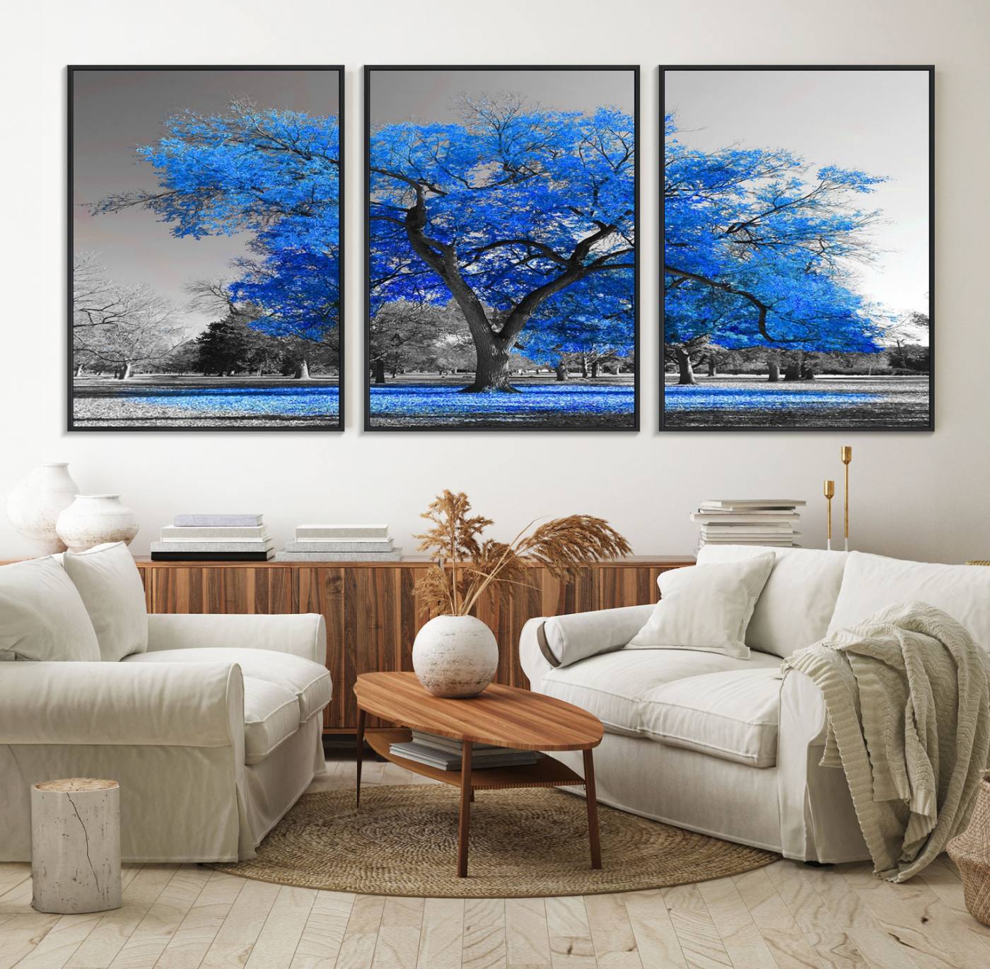70954-MGV-FC-60X30-3P_Black-Vibrant Blue Tree Canvas Art – Triptych Nature Print – Color Pop Decor for Living Room or Office –