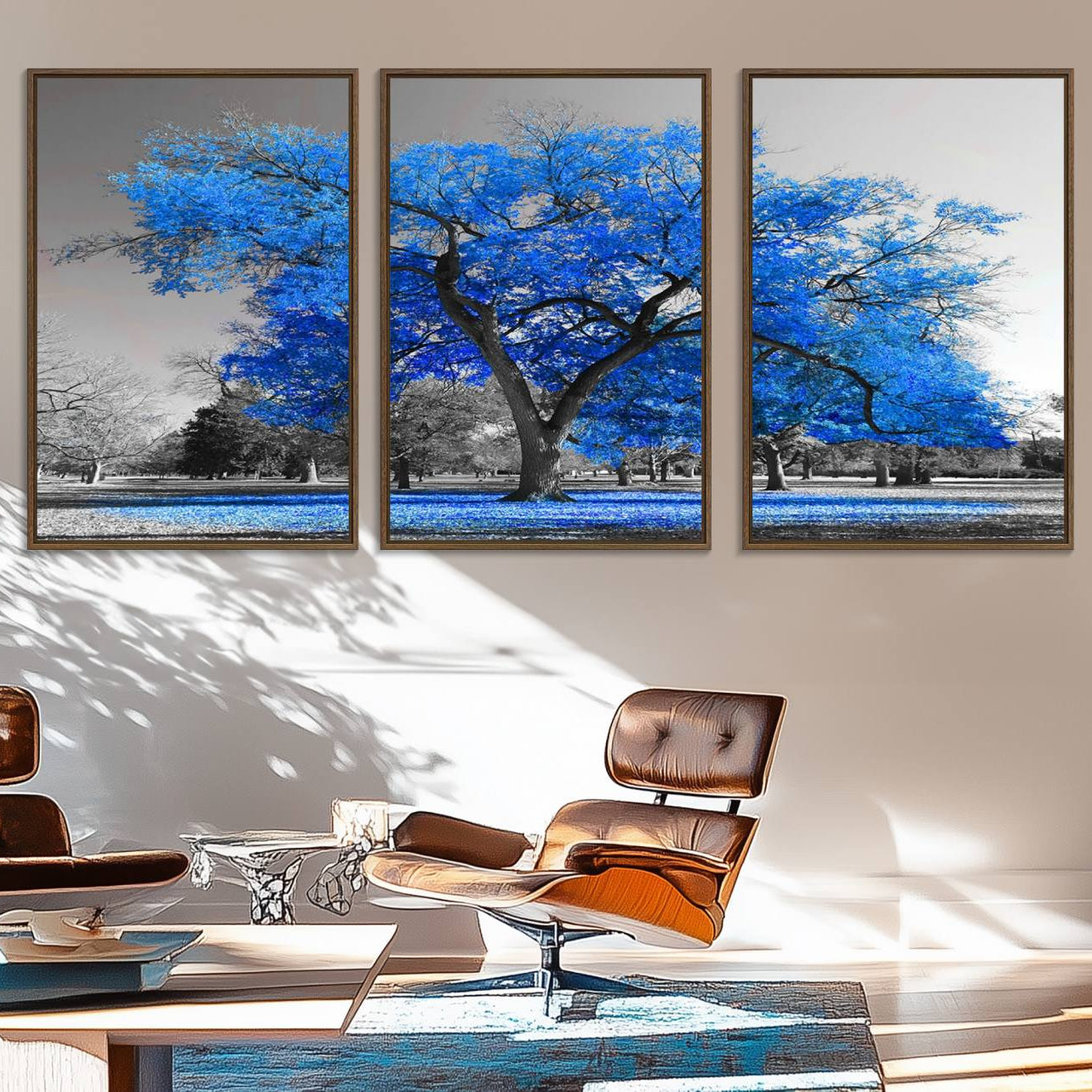 70954-MGV-FC-60X30-3P_Walnut-Vibrant Blue Tree Canvas Art – Triptych Nature Print – Color Pop Decor for Living Room or Office –