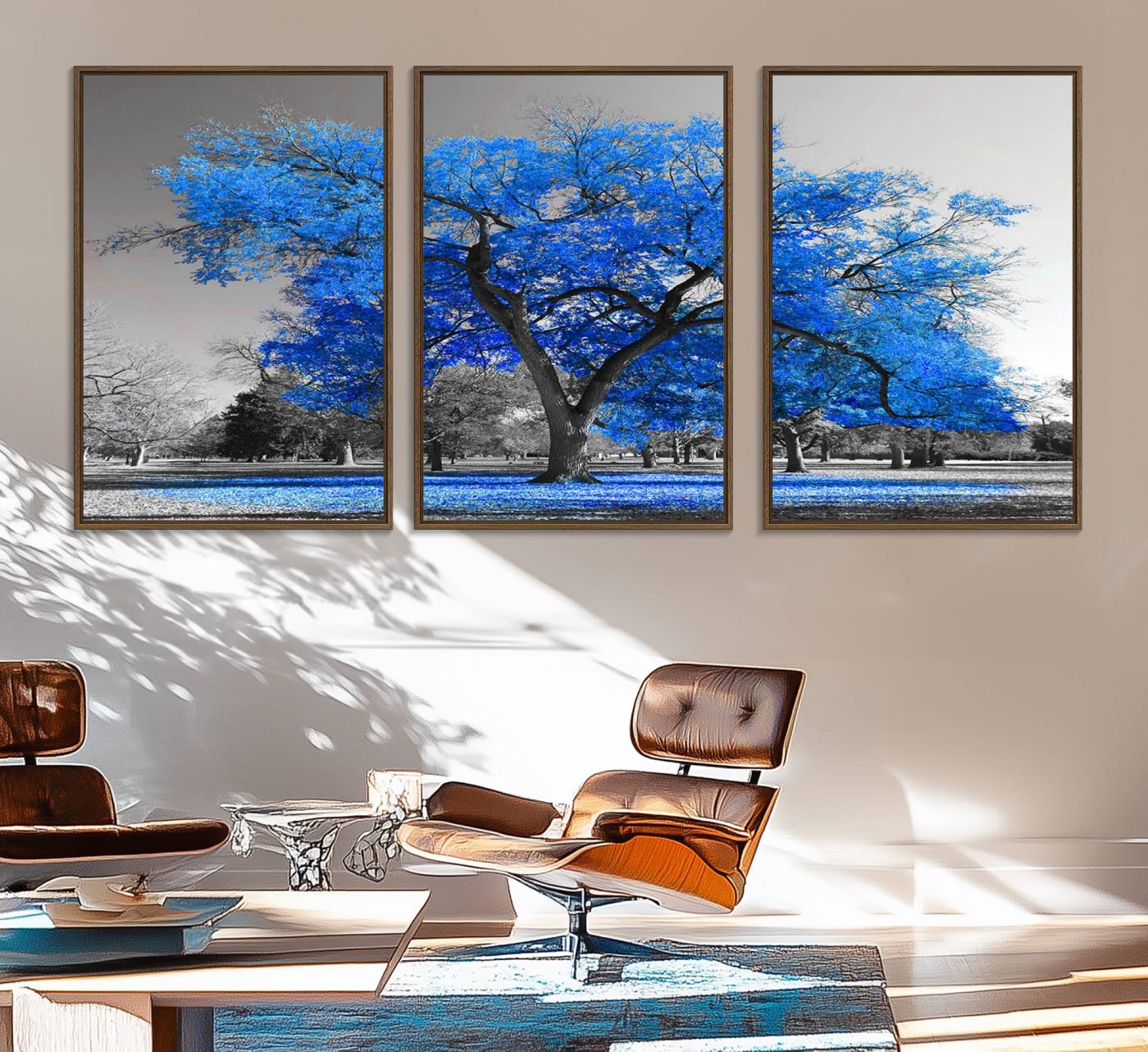 70954-MGV-FC-60X30-3P_Walnut-Vibrant Blue Tree Canvas Art – Triptych Nature Print – Color Pop Decor for Living Room or Office –