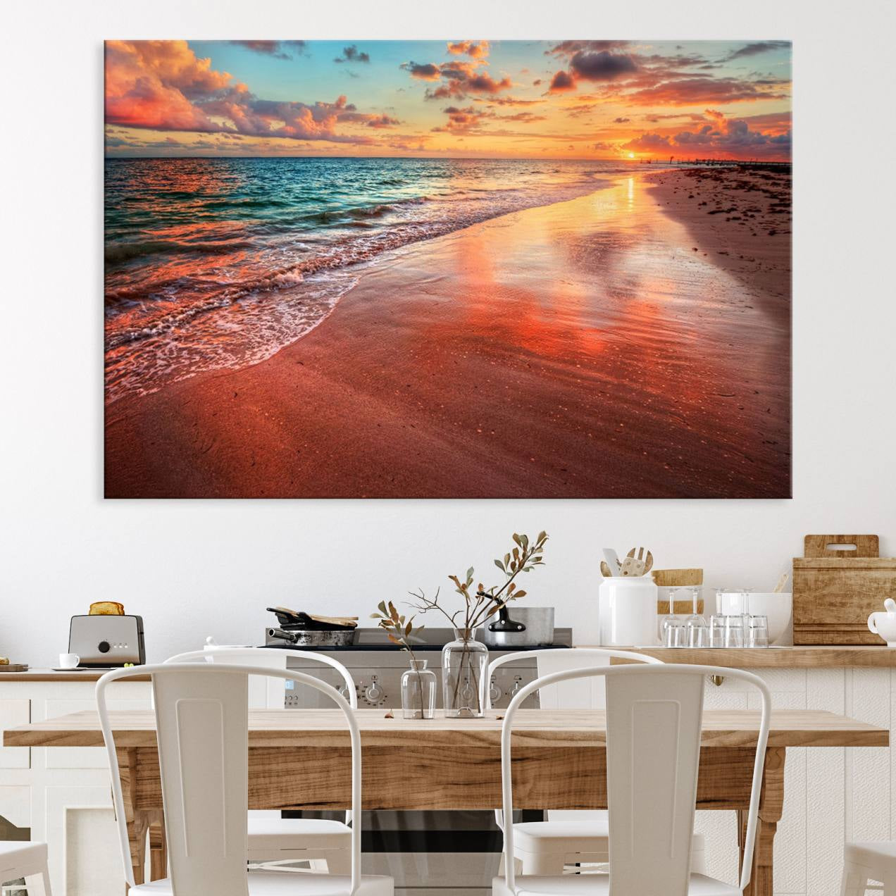 -Vibrant Sunset Beach Canvas Print, Ocean Waves and Sandy Shoreline, Tropical Beach Wall Art for