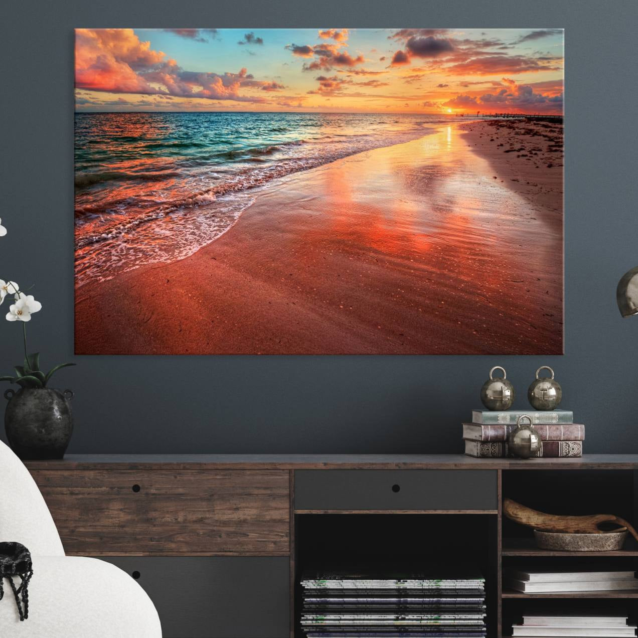 -Vibrant Sunset Beach Canvas Print, Ocean Waves and Sandy Shoreline, Tropical Beach Wall Art for