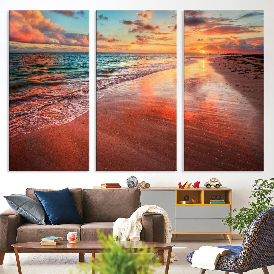Vibrant Sunset Beach Canvas Print, Ocean Waves and Sandy Shoreline, Tropical Beach Wall Art