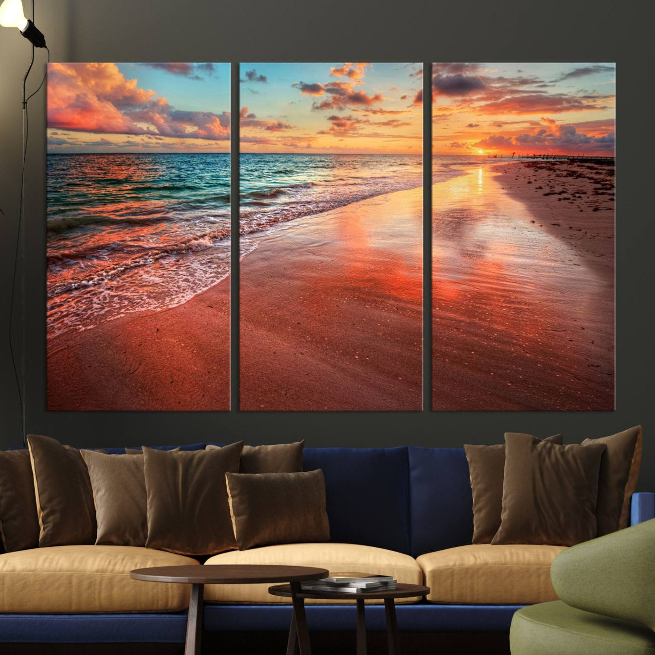 -Vibrant Sunset Beach Canvas Print, Ocean Waves and Sandy Shoreline, Tropical Beach Wall Art for