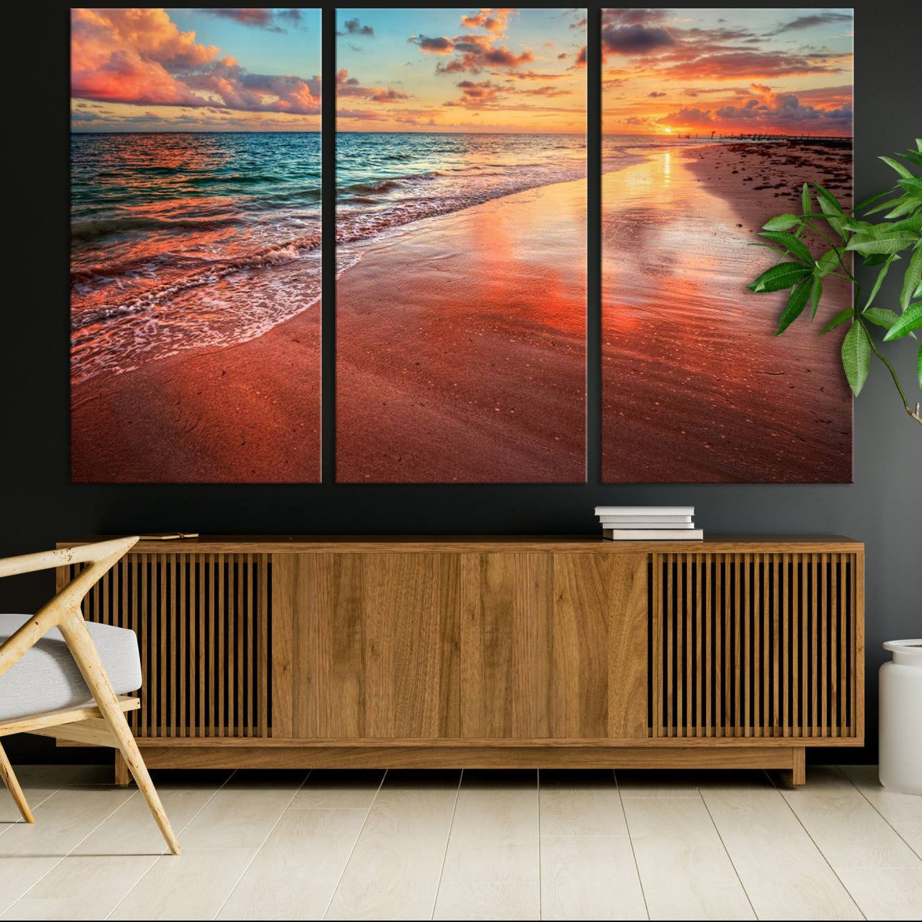 -Vibrant Sunset Beach Canvas Print, Ocean Waves and Sandy Shoreline, Tropical Beach Wall Art for