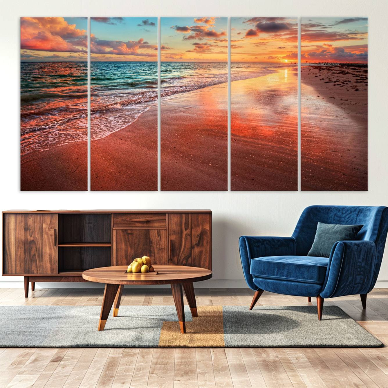 -Vibrant Sunset Beach Canvas Print, Ocean Waves and Sandy Shoreline, Tropical Beach Wall Art for