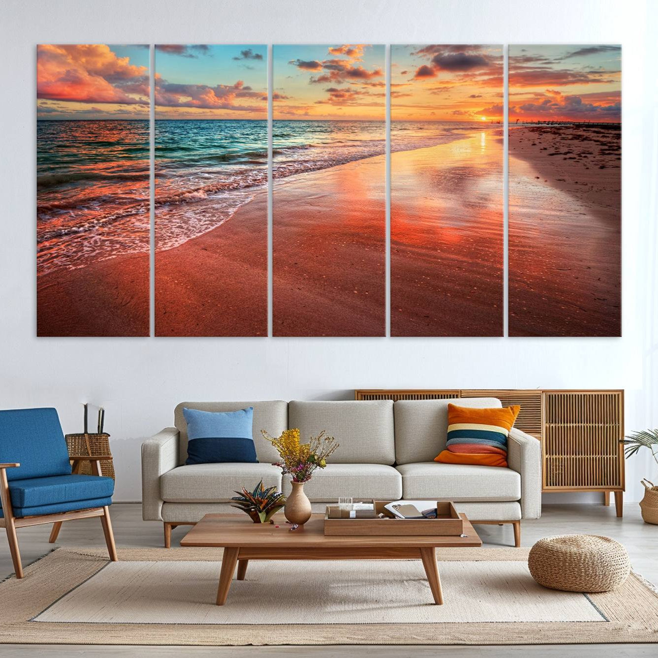 -Vibrant Sunset Beach Canvas Print, Ocean Waves and Sandy Shoreline, Tropical Beach Wall Art for