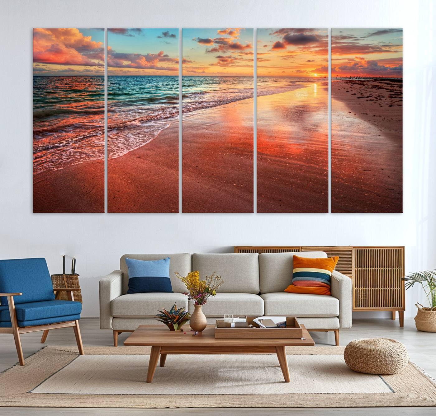77723-MGV-CV-36X24-Vibrant Sunset Beach Canvas Print, Ocean Waves and Sandy Shoreline, Tropical Beach Wall Art for