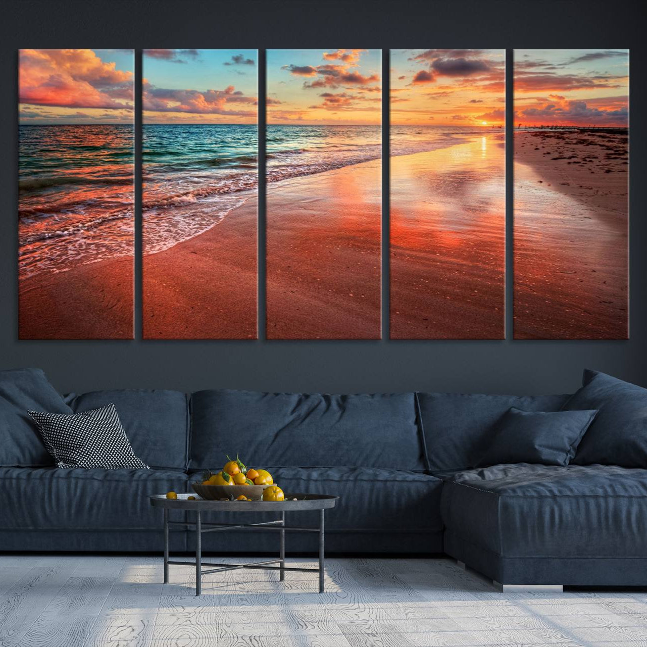 -Vibrant Sunset Beach Canvas Print, Ocean Waves and Sandy Shoreline, Tropical Beach Wall Art for
