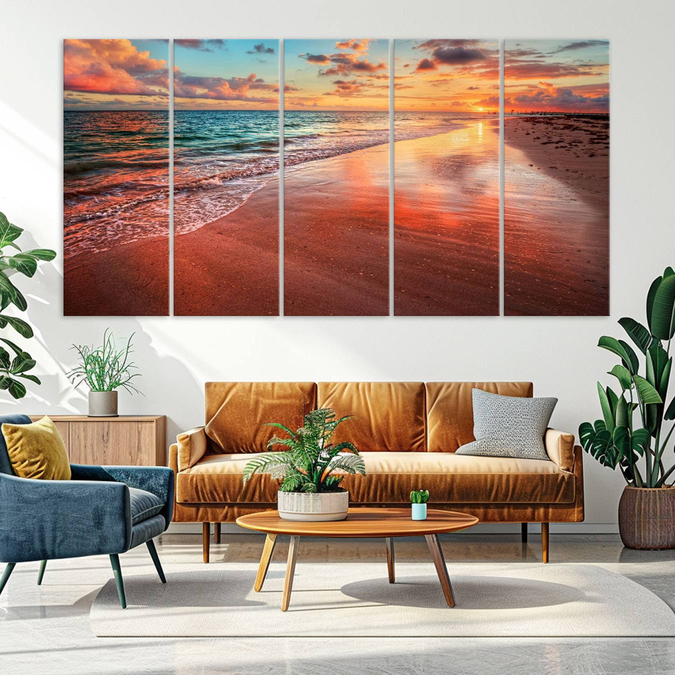 -Vibrant Sunset Beach Canvas Print, Ocean Waves and Sandy Shoreline, Tropical Beach Wall Art for