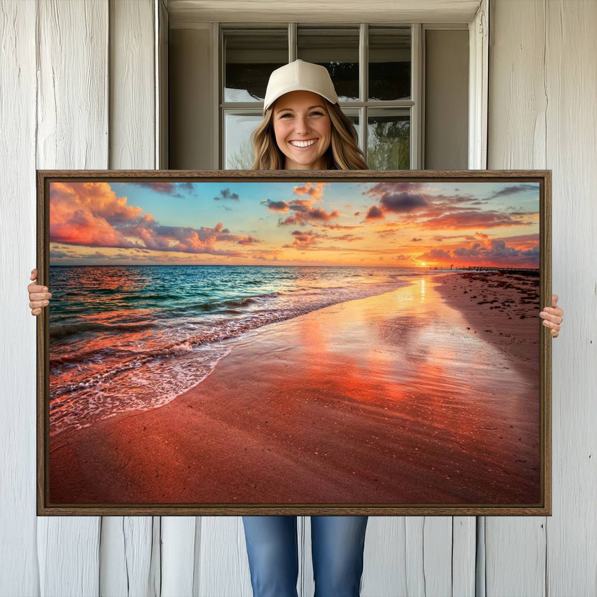 -Vibrant Sunset Beach Canvas Print, Ocean Waves and Sandy Shoreline, Tropical Beach Wall Art for