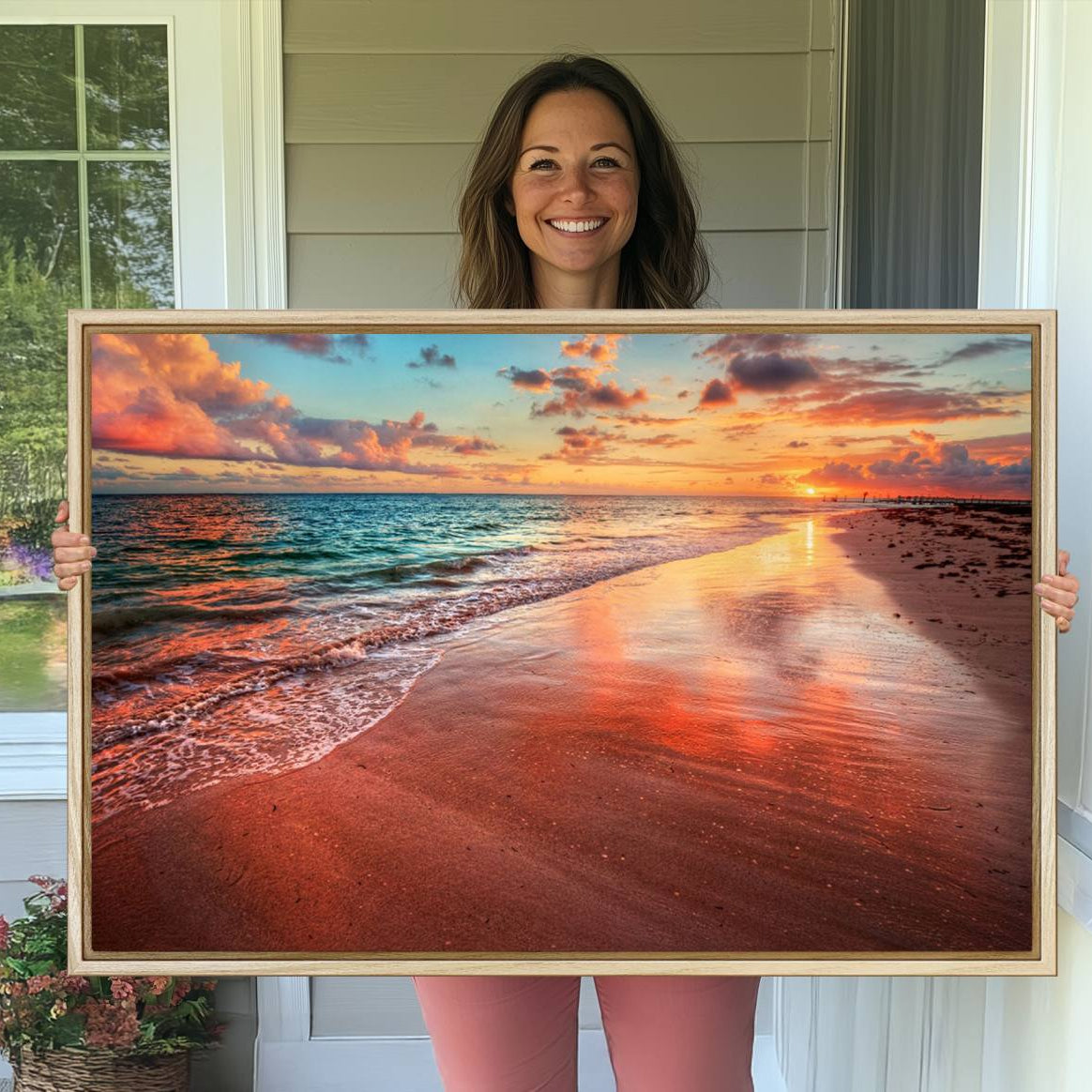-Vibrant Sunset Beach Canvas Print, Ocean Waves and Sandy Shoreline, Tropical Beach Wall Art for