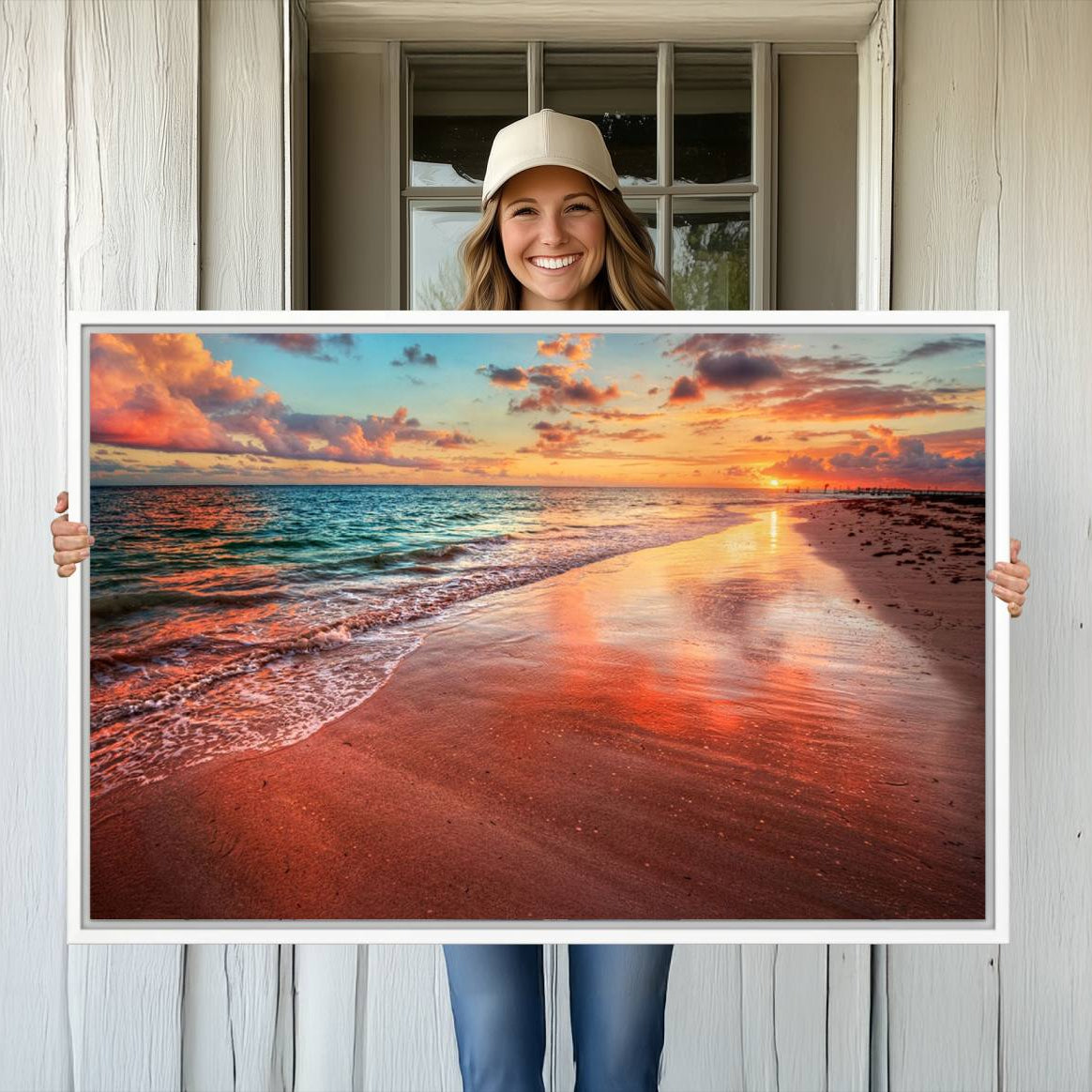 -Vibrant Sunset Beach Canvas Print, Ocean Waves and Sandy Shoreline, Tropical Beach Wall Art for