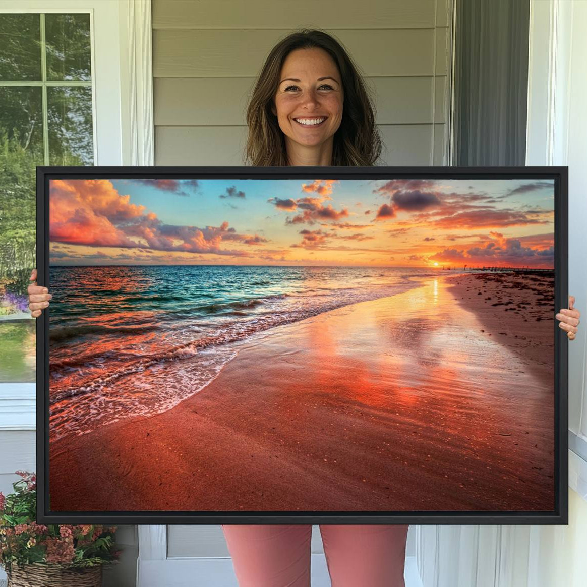 -Vibrant Sunset Beach Canvas Print, Ocean Waves and Sandy Shoreline, Tropical Beach Wall Art for