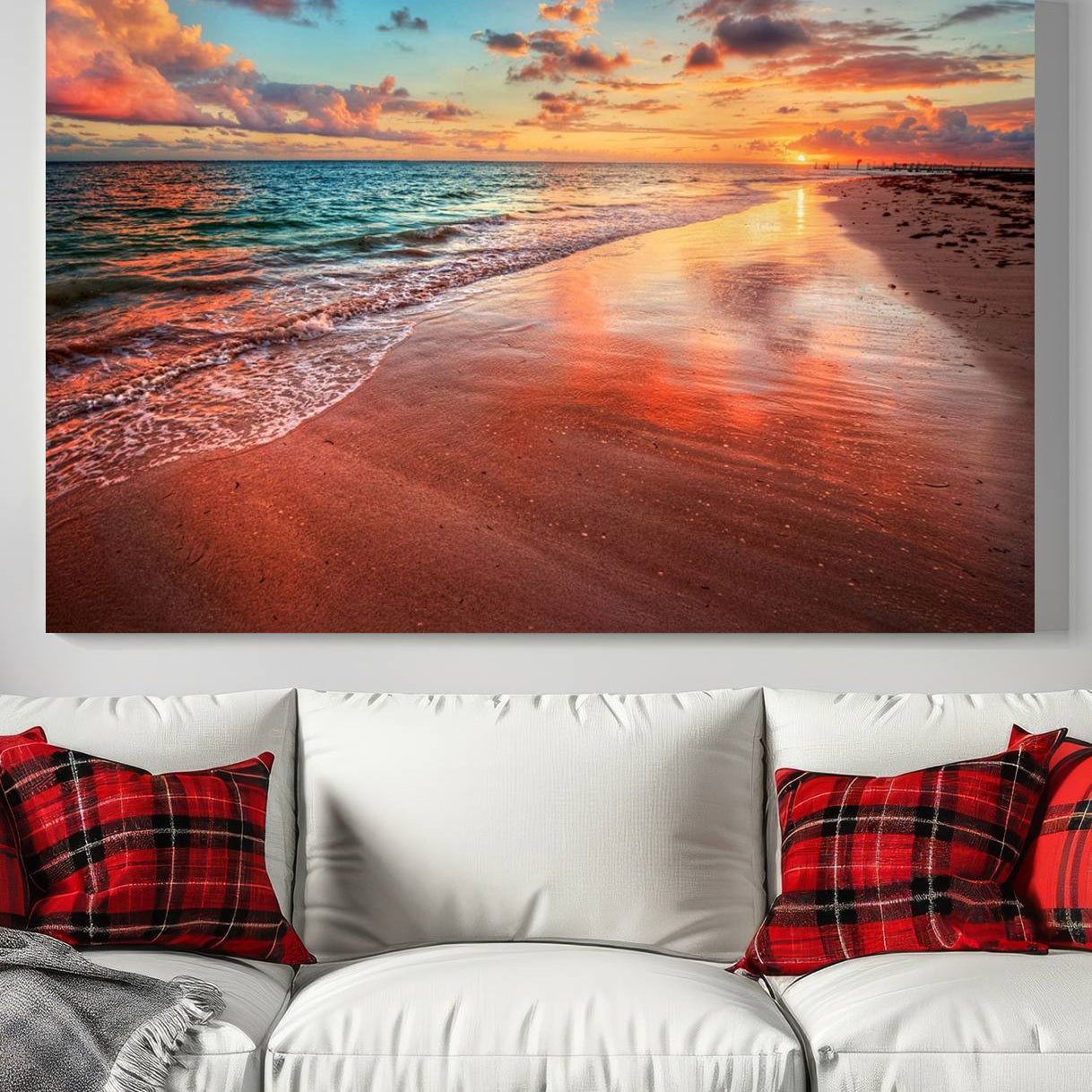 -Vibrant Sunset Beach Canvas Print, Ocean Waves and Sandy Shoreline, Tropical Beach Wall Art for