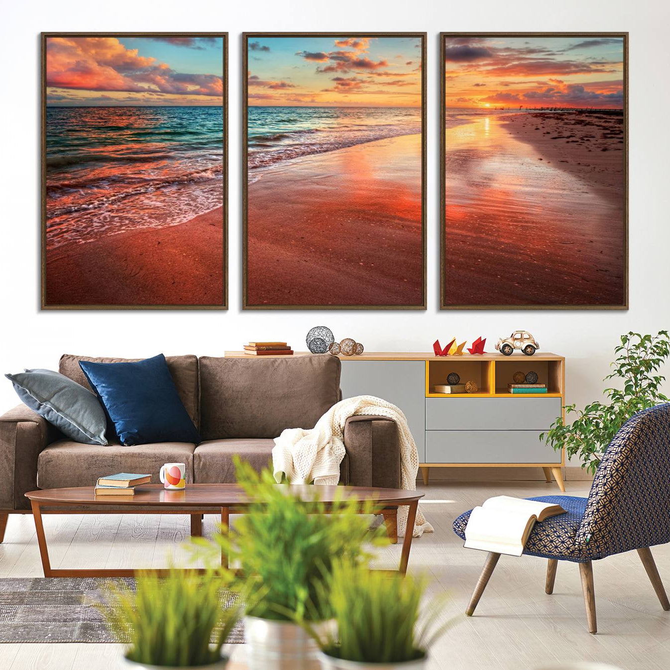 -Vibrant Sunset Beach Canvas Print, Ocean Waves and Sandy Shoreline, Tropical Beach Wall Art for