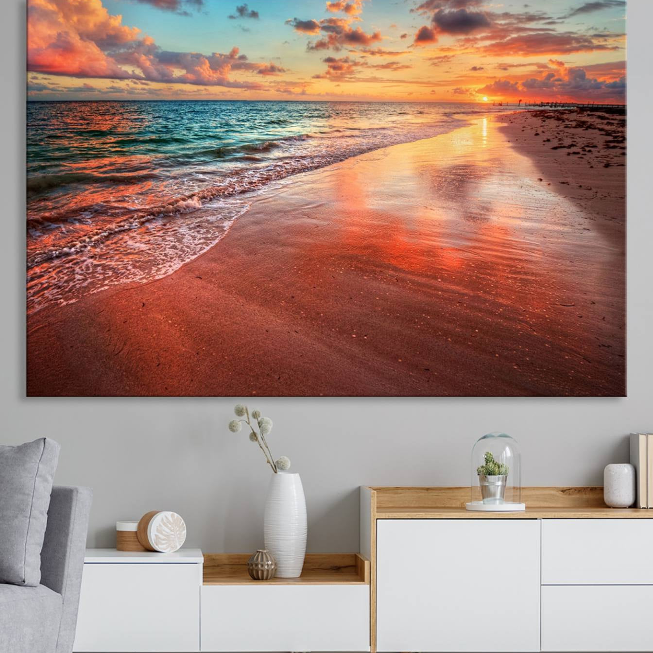 -Vibrant Sunset Beach Canvas Print, Ocean Waves and Sandy Shoreline, Tropical Beach Wall Art for