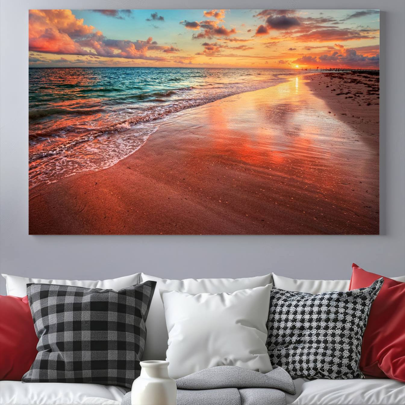 -Vibrant Sunset Beach Canvas Print, Ocean Waves and Sandy Shoreline, Tropical Beach Wall Art for