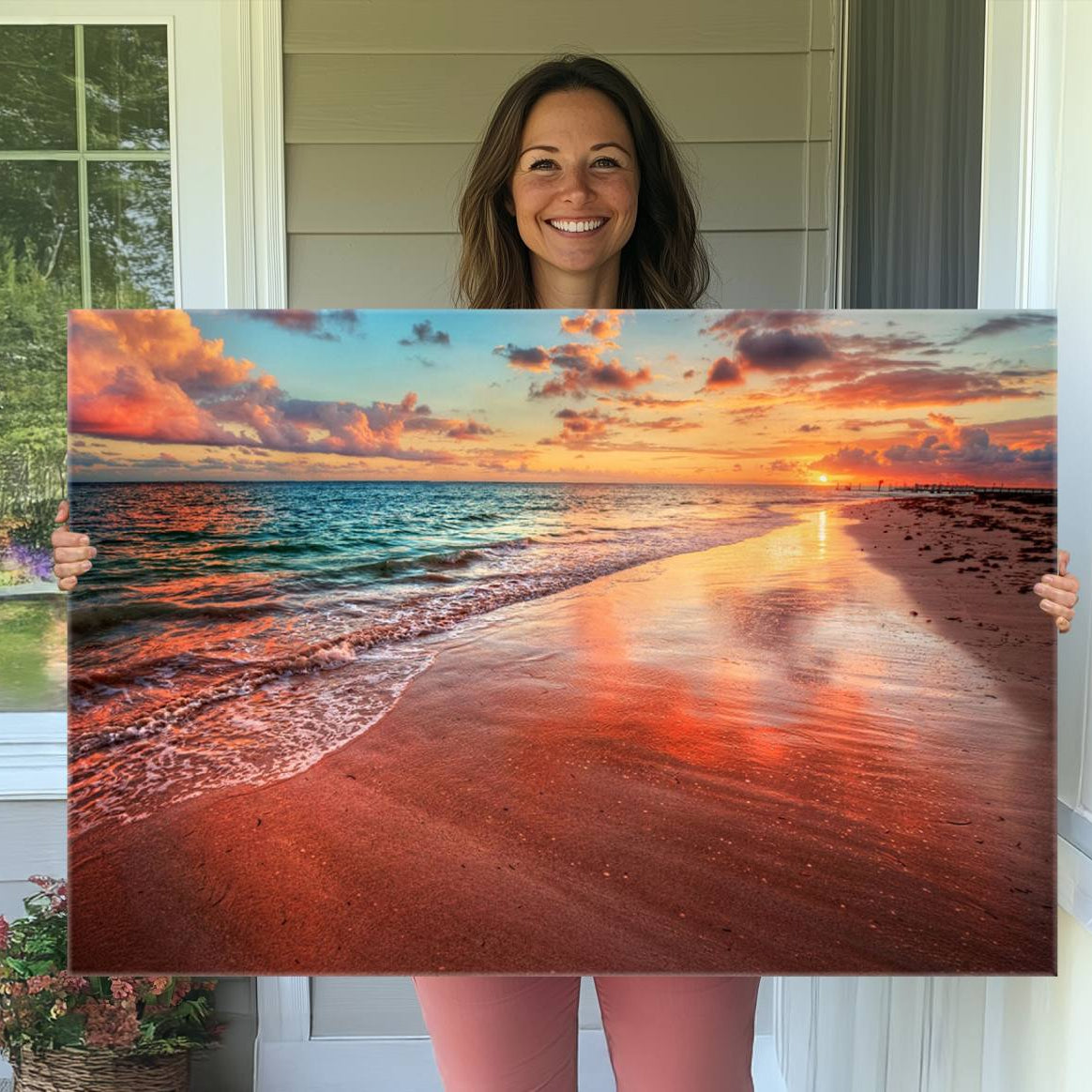 -Vibrant Sunset Beach Canvas Print, Ocean Waves and Sandy Shoreline, Tropical Beach Wall Art for