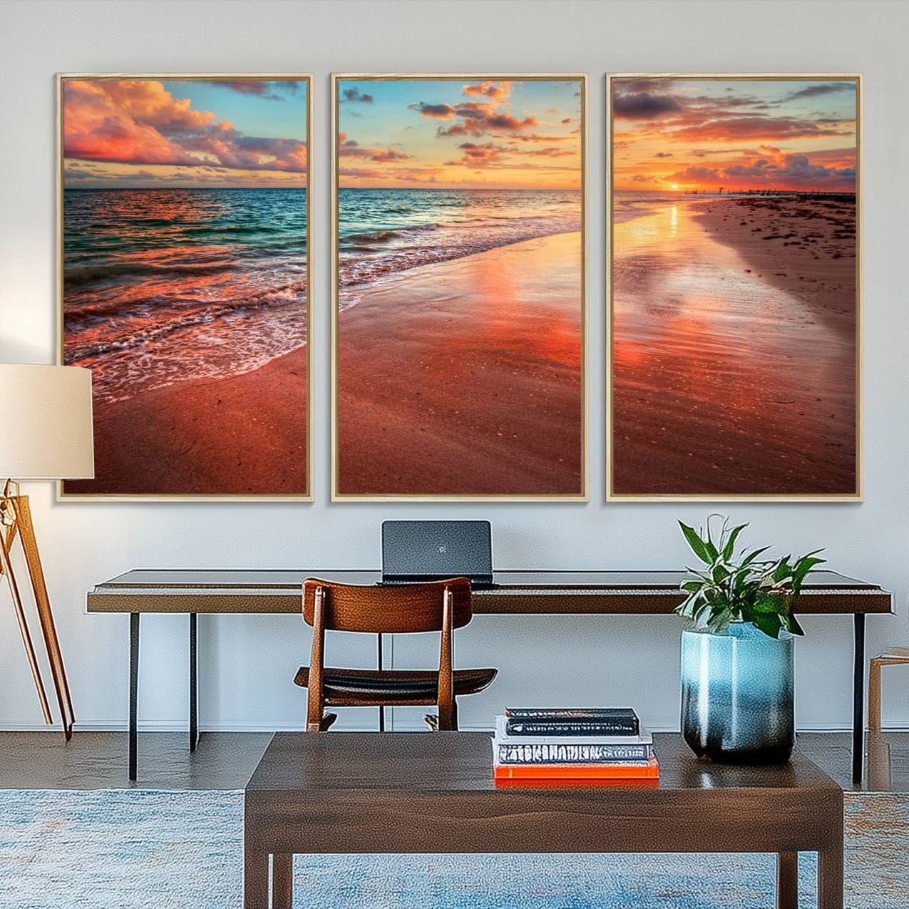 77723-MGV-FC-48X32-3P_Natural-Vibrant Sunset Beach Canvas Print, Ocean Waves and Sandy Shoreline, Tropical Beach Wall Art for