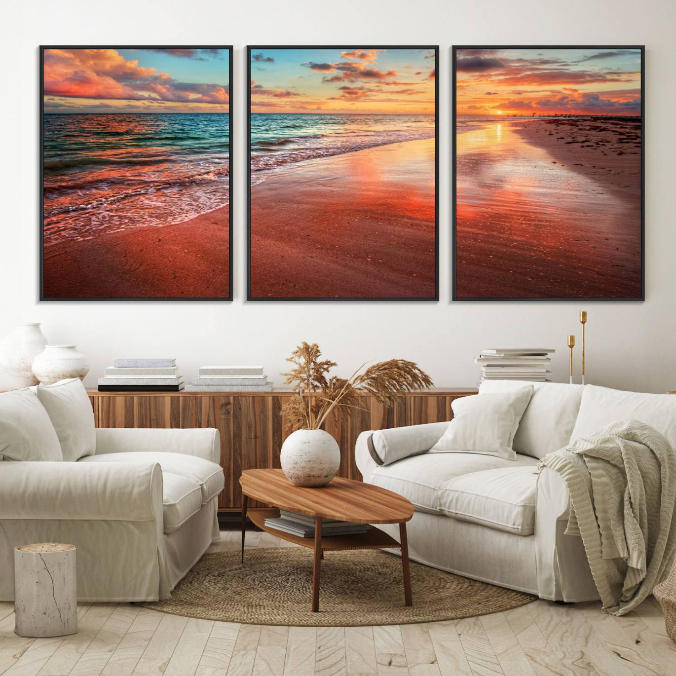 77723-MGV-FC-60X30-3P_Black-Vibrant Sunset Beach Canvas Print, Ocean Waves and Sandy Shoreline, Tropical Beach Wall Art for