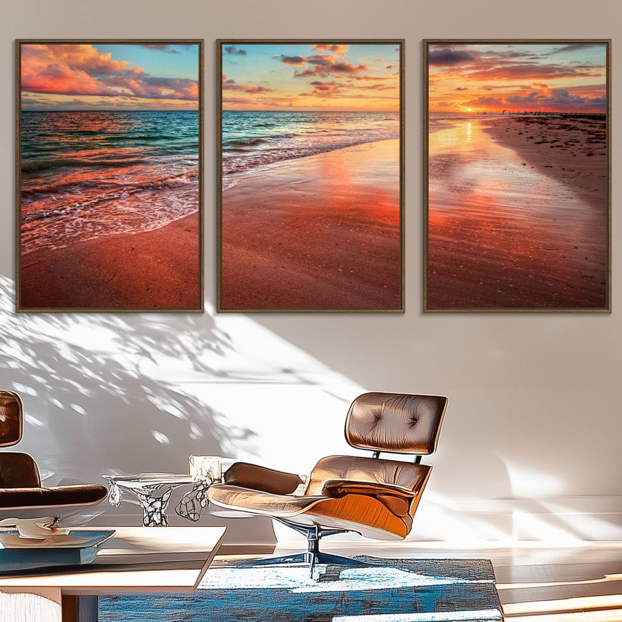 77723-MGV-FC-60X30-3P_Walnut-Vibrant Sunset Beach Canvas Print, Ocean Waves and Sandy Shoreline, Tropical Beach Wall Art for
