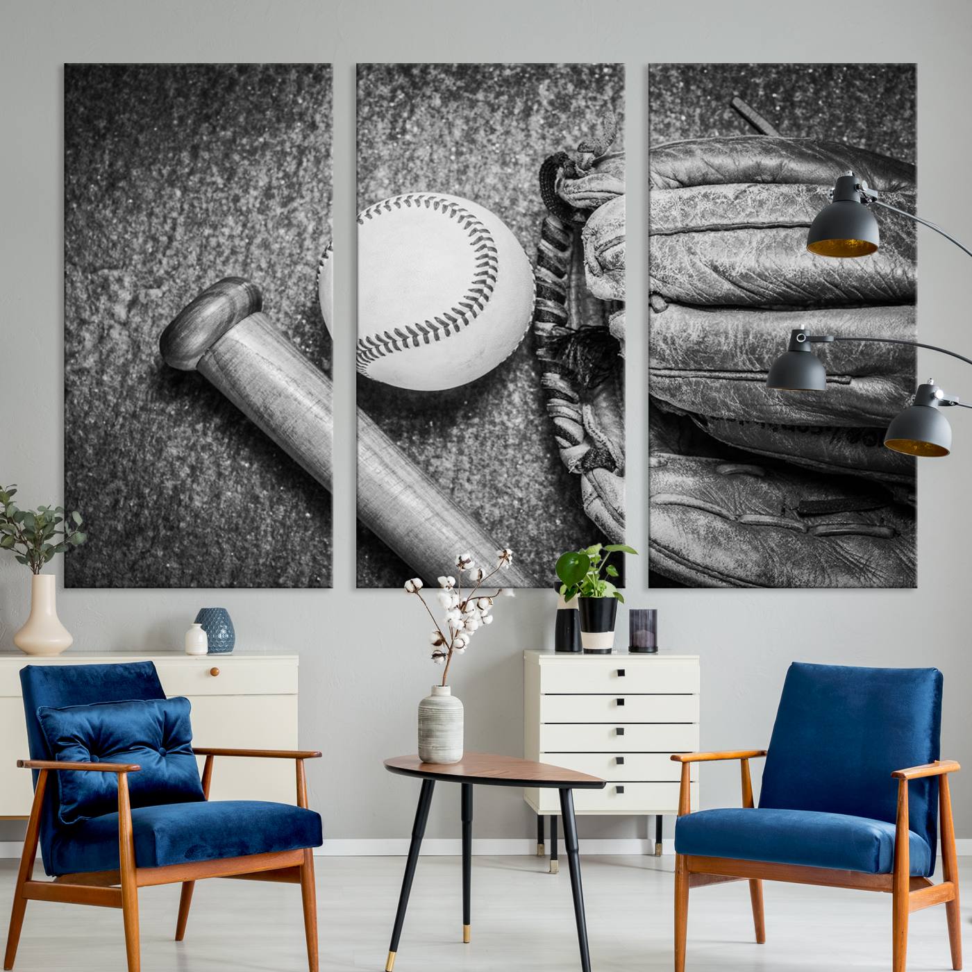 83916-MGV-CV-36X24-Vintage Baseball Glove and Bat Sports Wall Art Canvas, Baseball Glove and Bat Sports Canvas Print