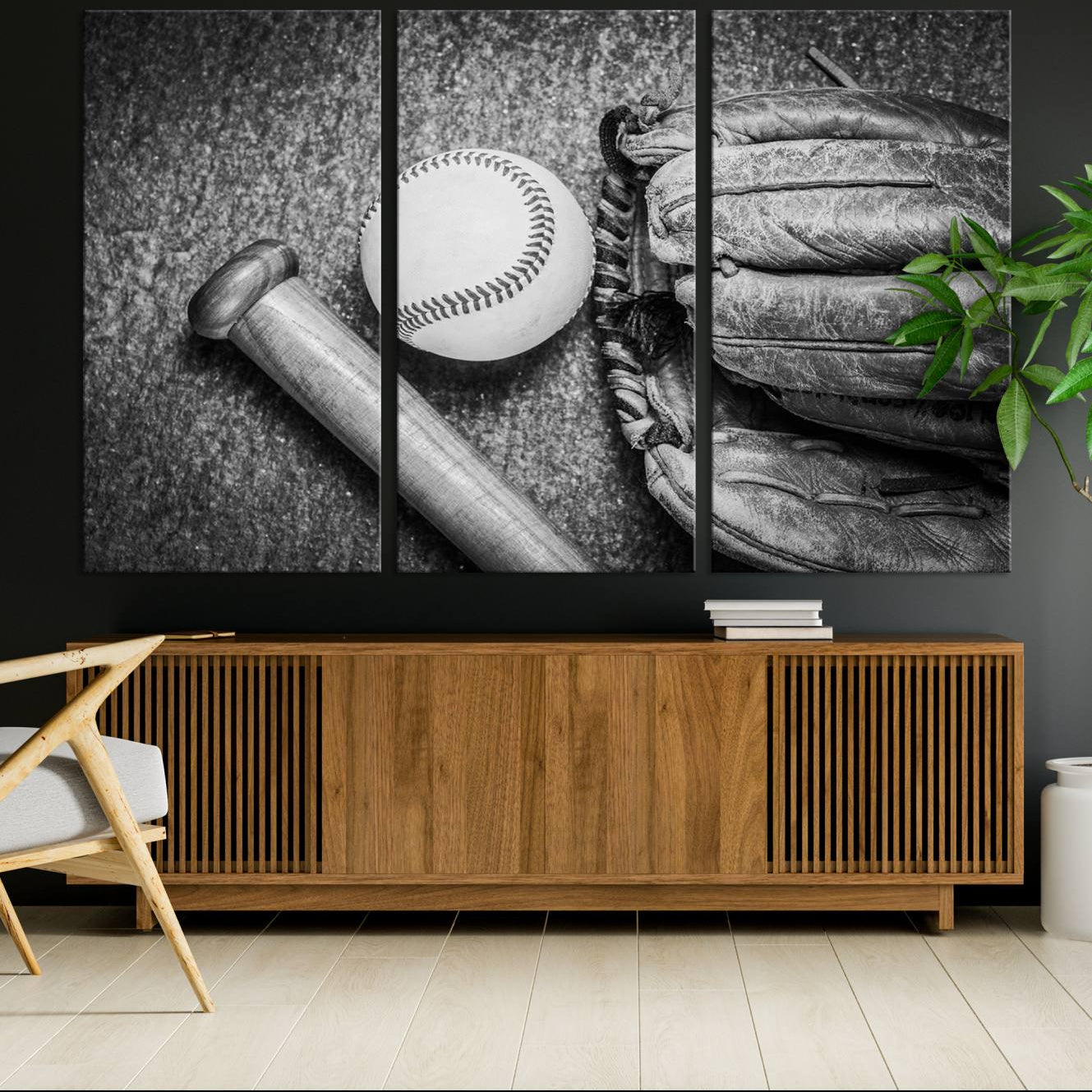 83916-MGV-CV-36X24-Vintage Baseball Glove and Bat Sports Wall Art Canvas, Baseball Glove and Bat Sports Canvas Print