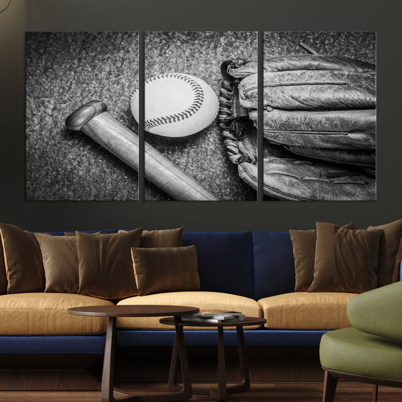 83916-MGV-CV-36X24-Vintage Baseball Glove and Bat Sports Wall Art Canvas, Baseball Glove and Bat Sports Canvas Print