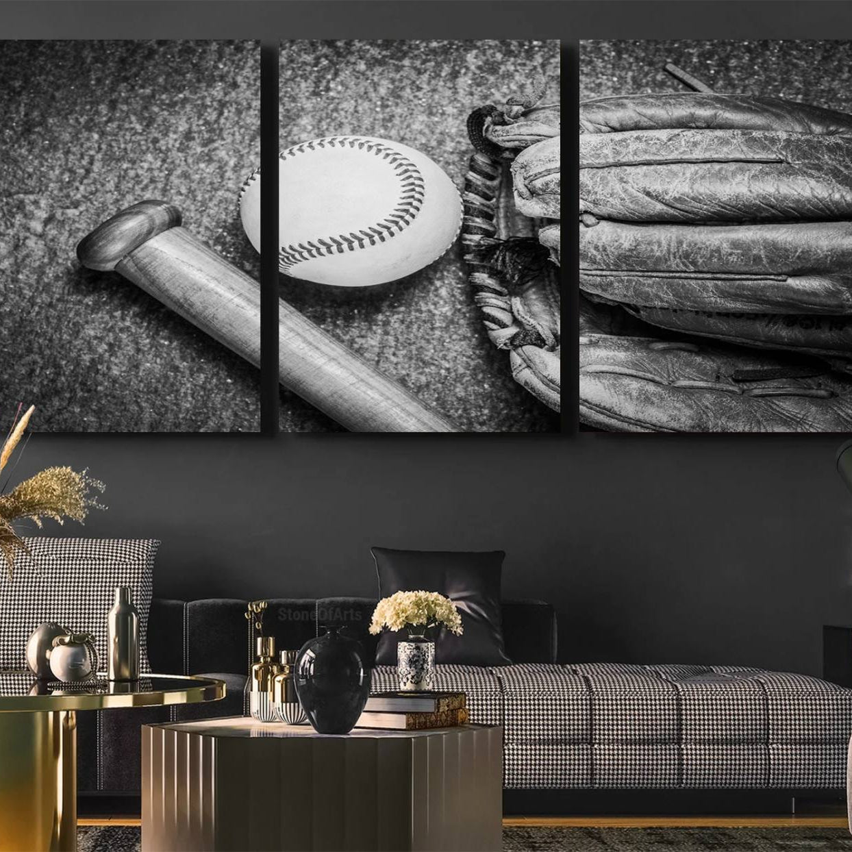 83916-MGV-CV-36X24-Vintage Baseball Glove and Bat Sports Wall Art Canvas, Baseball Glove and Bat Sports Canvas Print