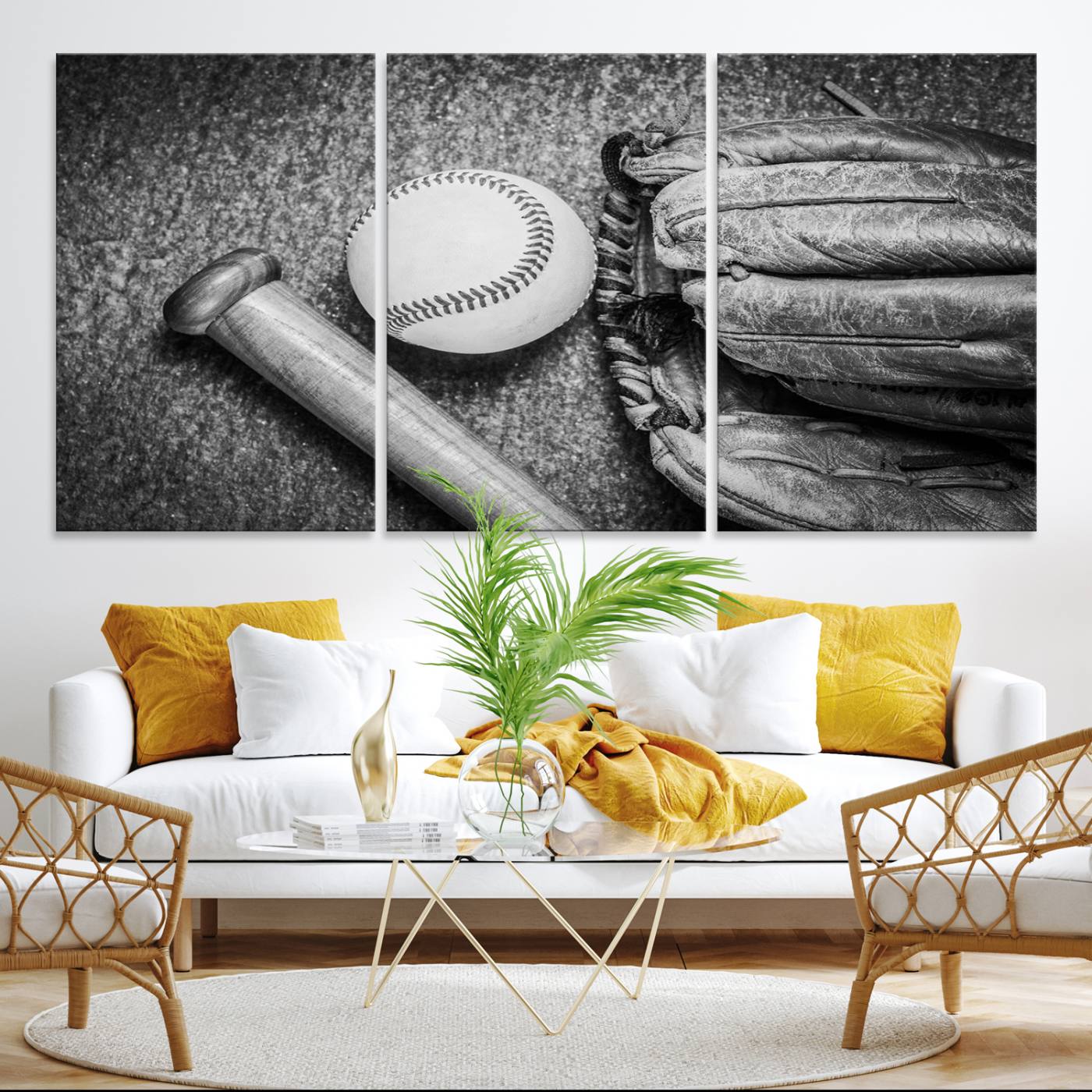 83916-MGV-CV-36X24-Vintage Baseball Glove and Bat Sports Wall Art Canvas, Baseball Glove and Bat Sports Canvas Print