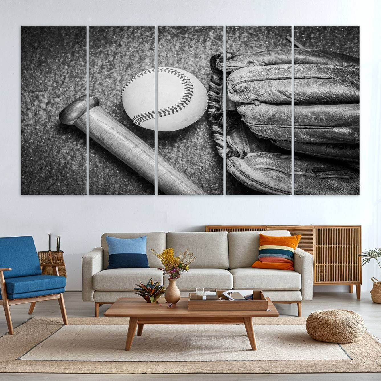 83916-MGV-CV-36X24-Vintage Baseball Glove and Bat Sports Wall Art Canvas, Baseball Glove and Bat Sports Canvas Print