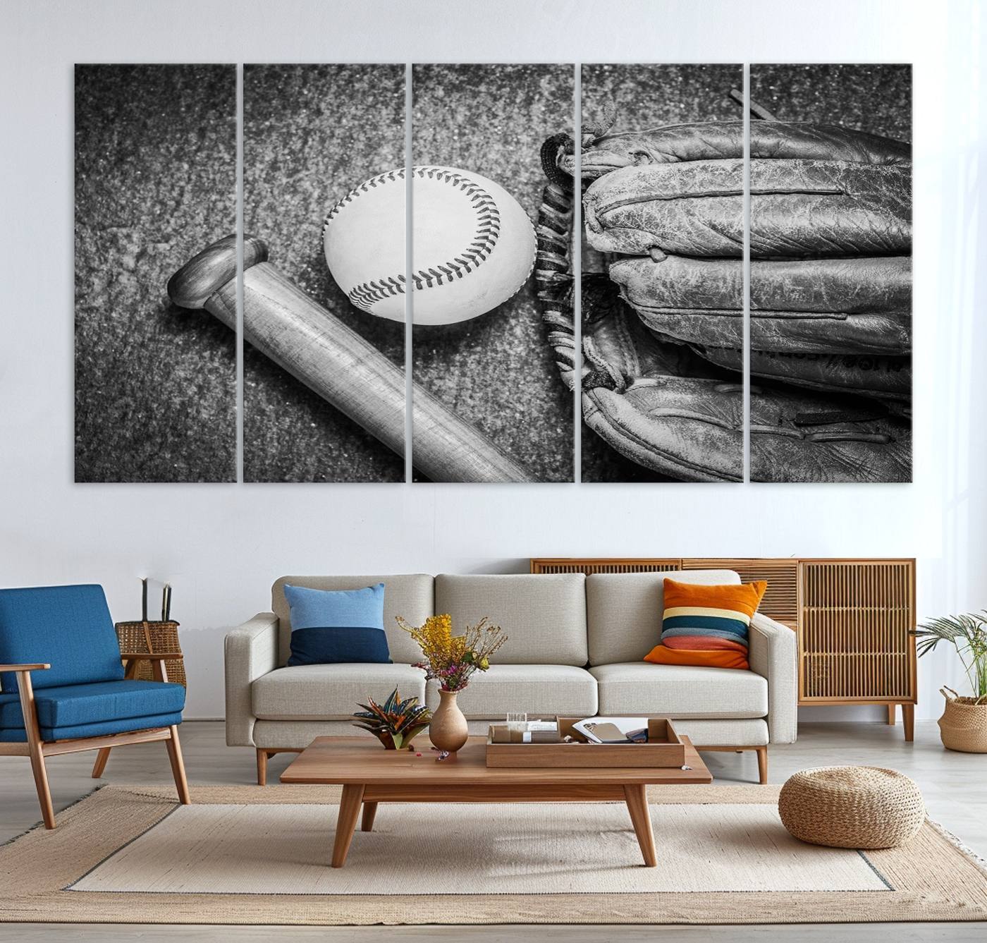 83916-MGV-CV-36X24-Vintage Baseball Glove and Bat Sports Wall Art Canvas, Baseball Glove and Bat Sports Canvas Print