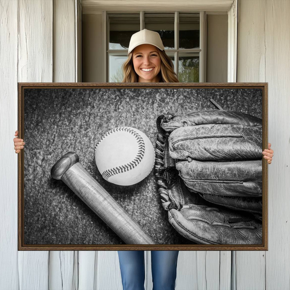 83916-MGV-CV-36X24-Vintage Baseball Glove and Bat Sports Wall Art Canvas, Baseball Glove and Bat Sports Canvas Print