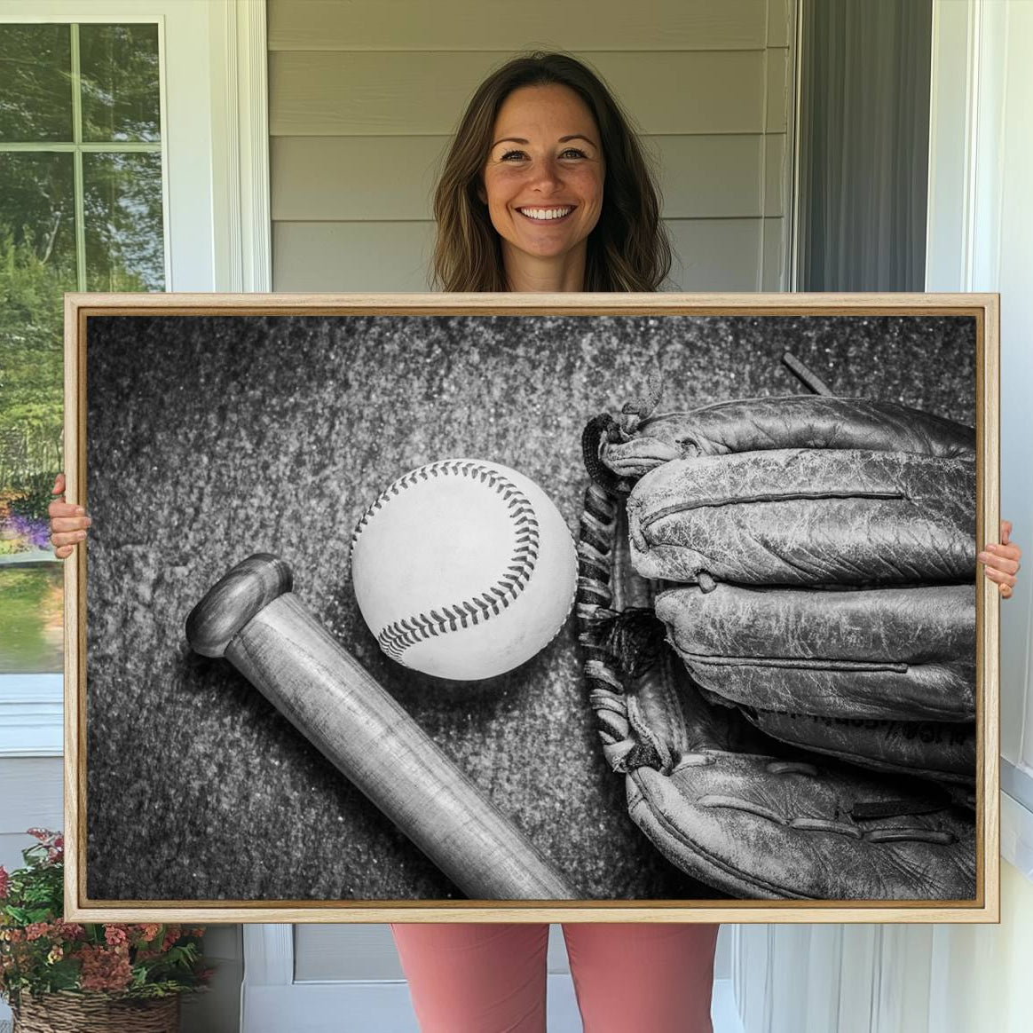 83916-MGV-CV-36X24-Vintage Baseball Glove and Bat Sports Wall Art Canvas, Baseball Glove and Bat Sports Canvas Print