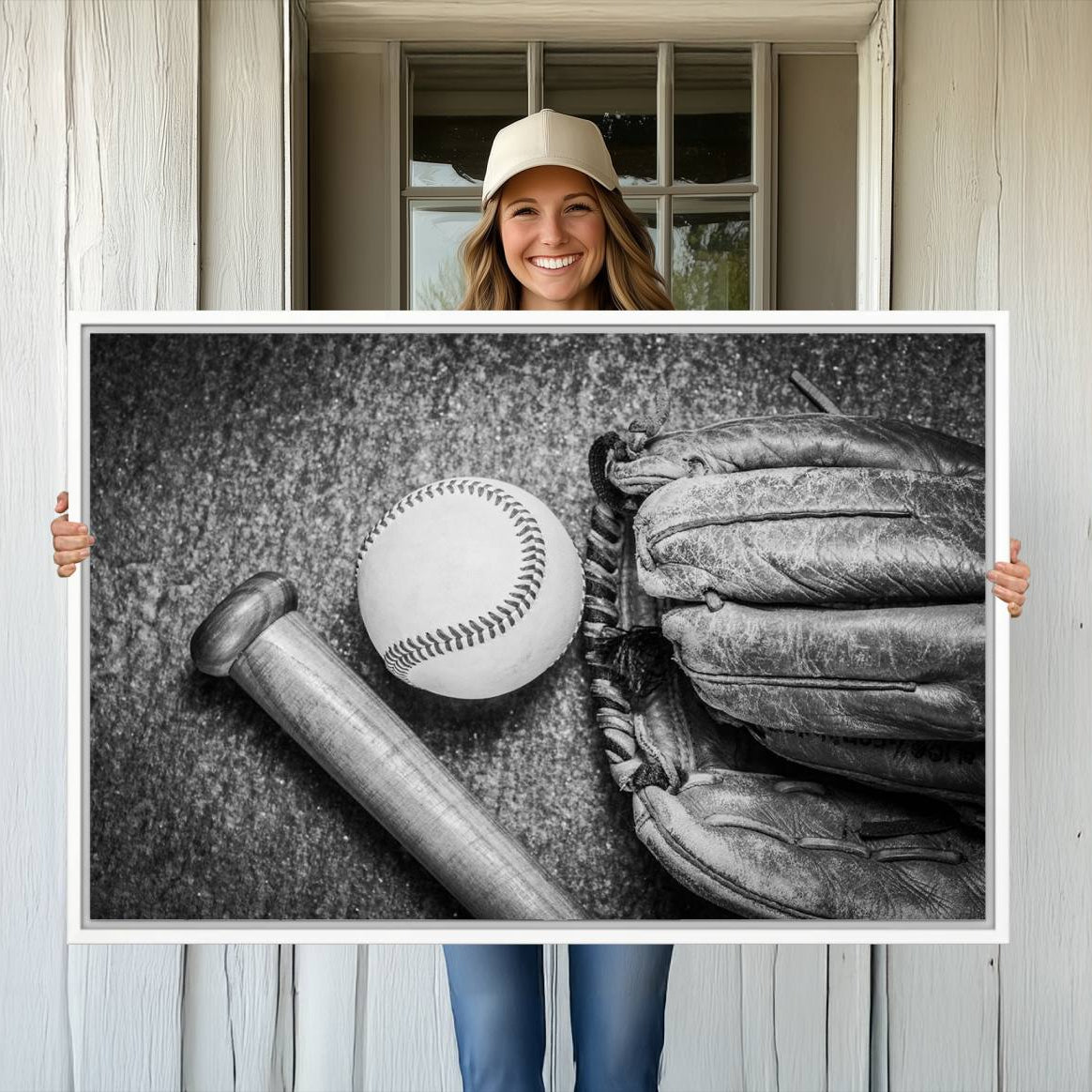 83916-MGV-CV-36X24-Vintage Baseball Glove and Bat Sports Wall Art Canvas, Baseball Glove and Bat Sports Canvas Print