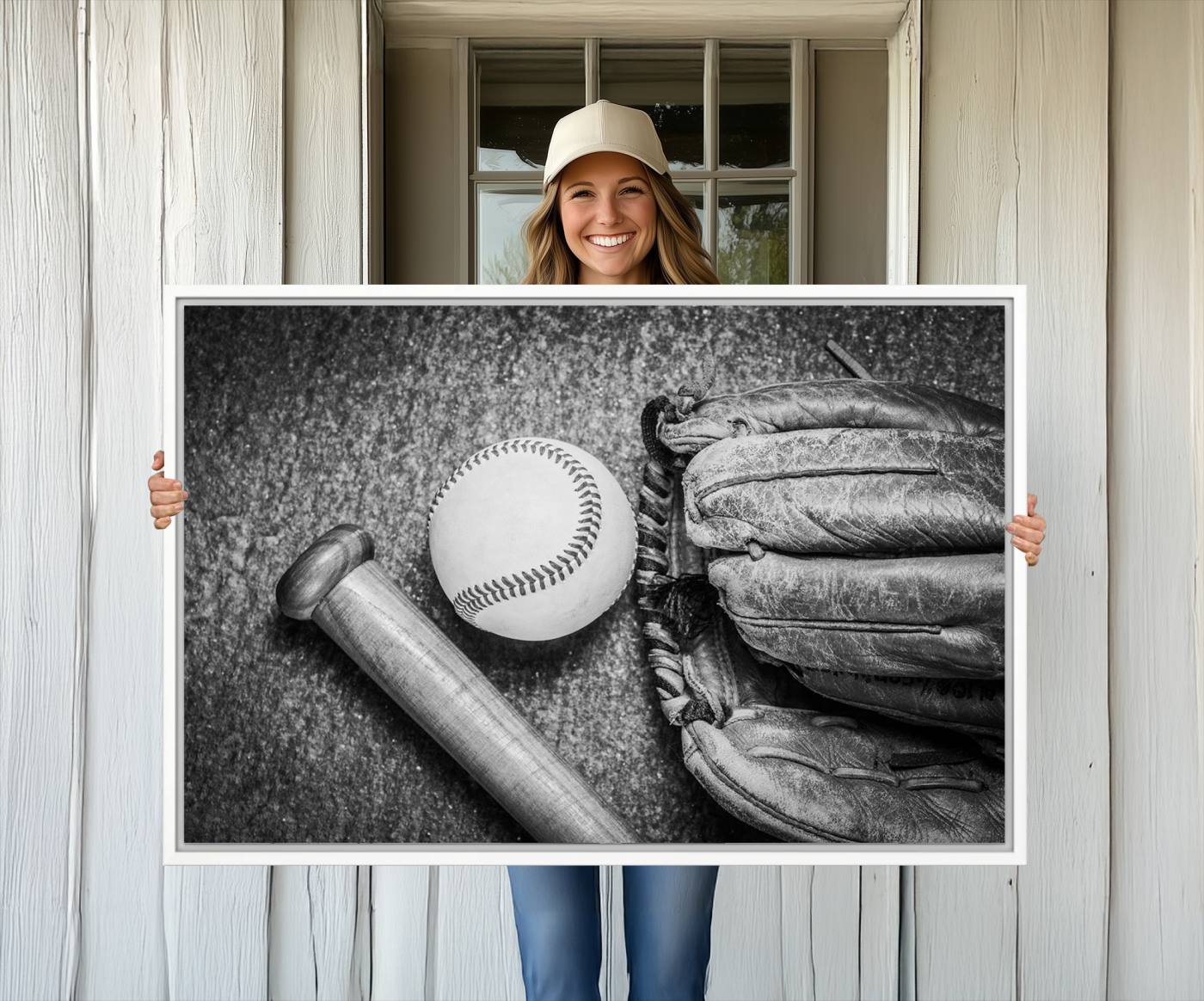 83916-MGV-CV-36X24-Vintage Baseball Glove and Bat Sports Wall Art Canvas, Baseball Glove and Bat Sports Canvas Print