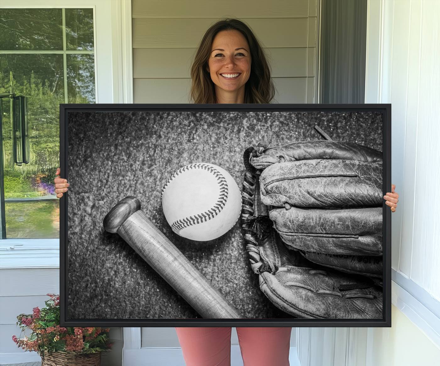 83916-MGV-CV-36X24-Vintage Baseball Glove and Bat Sports Wall Art Canvas, Baseball Glove and Bat Sports Canvas Print