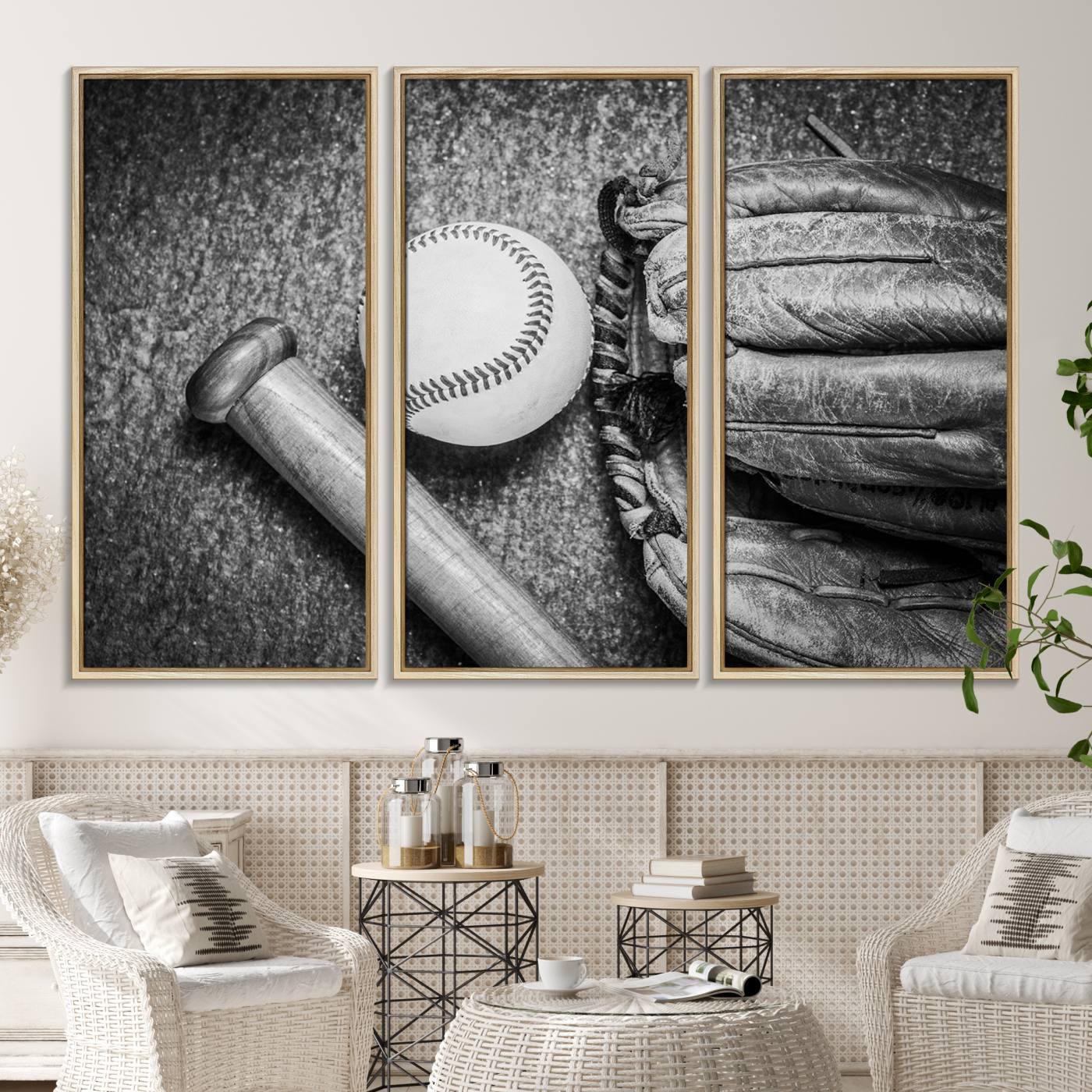 83916-MGV-CV-36X24-Vintage Baseball Glove and Bat Sports Wall Art Canvas, Baseball Glove and Bat Sports Canvas Print